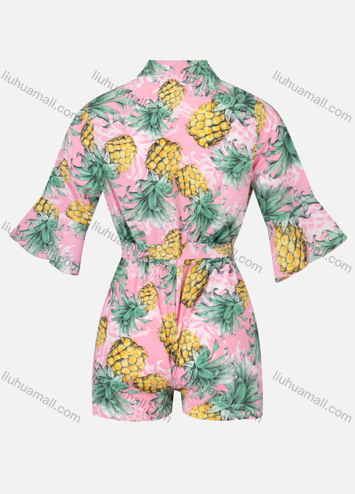 Wholesale Women's Warp Bell Sleeve Tropical Pineapple Print Vacation Romper With Belt - Liuhuamall