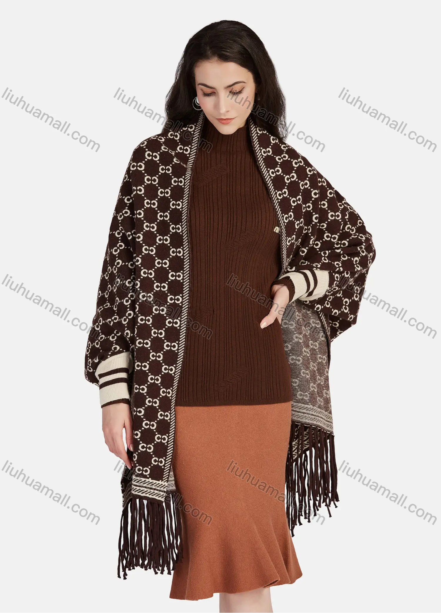 Wholesale Women's Casual Allover Print Long Sleeve Tassel Fringe Trim Cardigan Shawl 07# - Liuhuamall