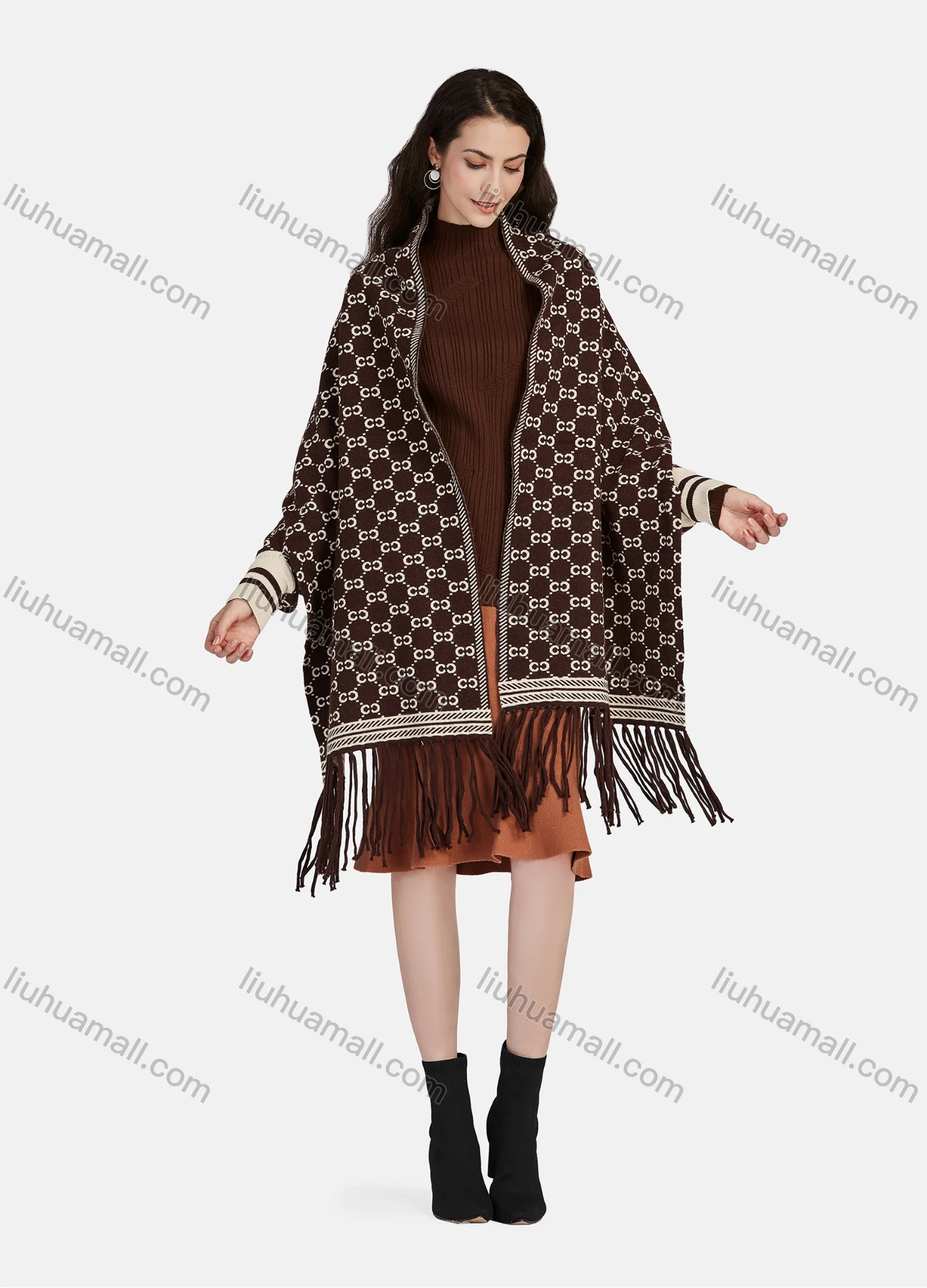 Wholesale Women's Casual Allover Print Long Sleeve Tassel Fringe Trim Cardigan Shawl 07# - Liuhuamall