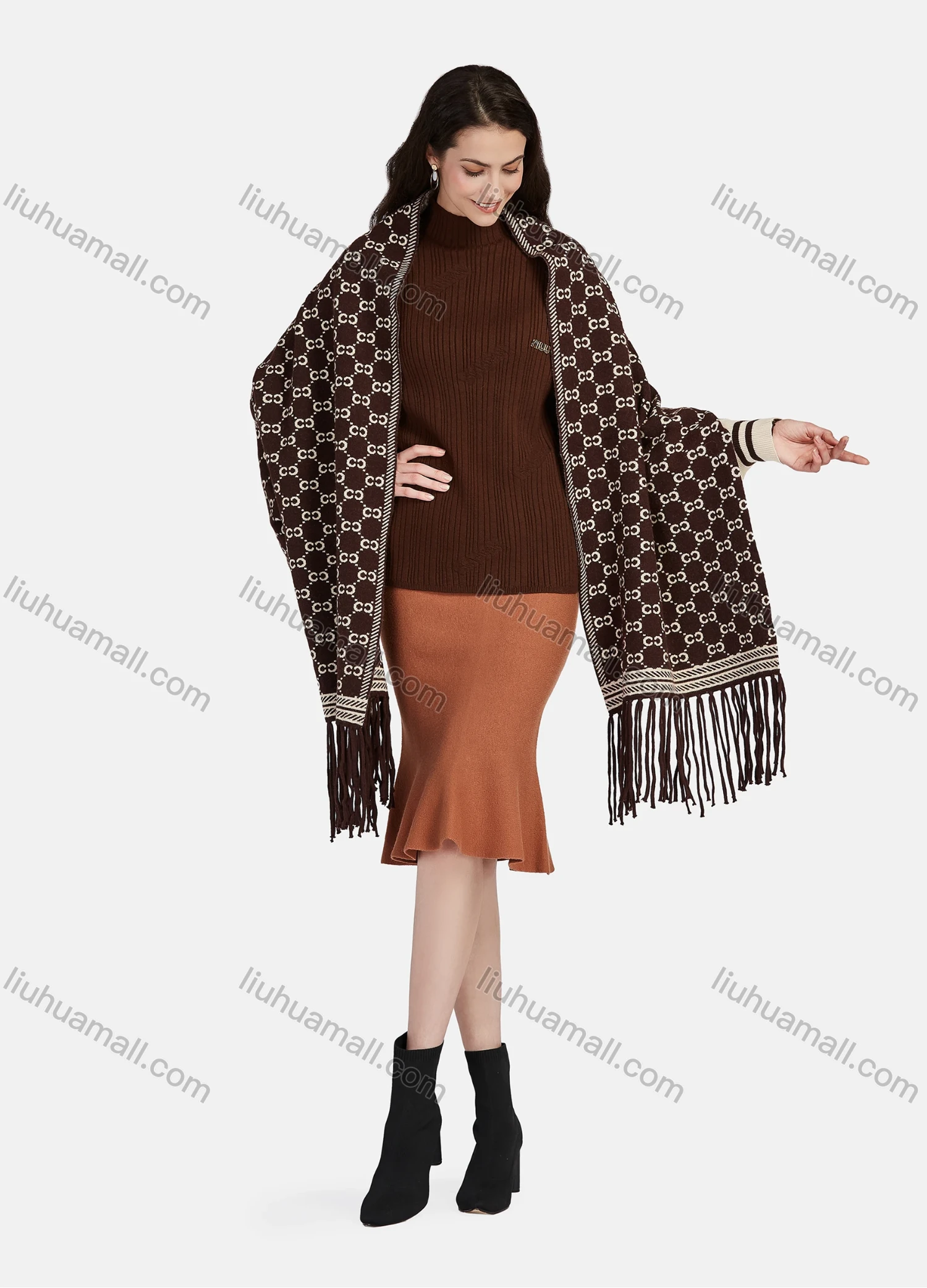 Wholesale Women's Casual Allover Print Long Sleeve Tassel Fringe Trim Cardigan Shawl 07# - Liuhuamall