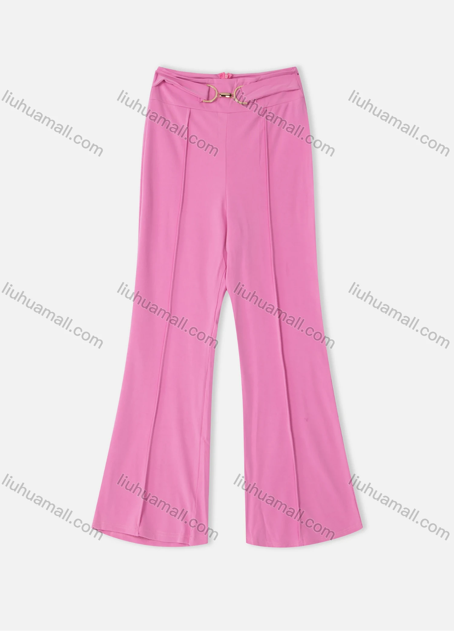 Wholesale Women's Casual High Waist Plain Metal Decor Back Zip Wide Leg Pant - Liuhuamall