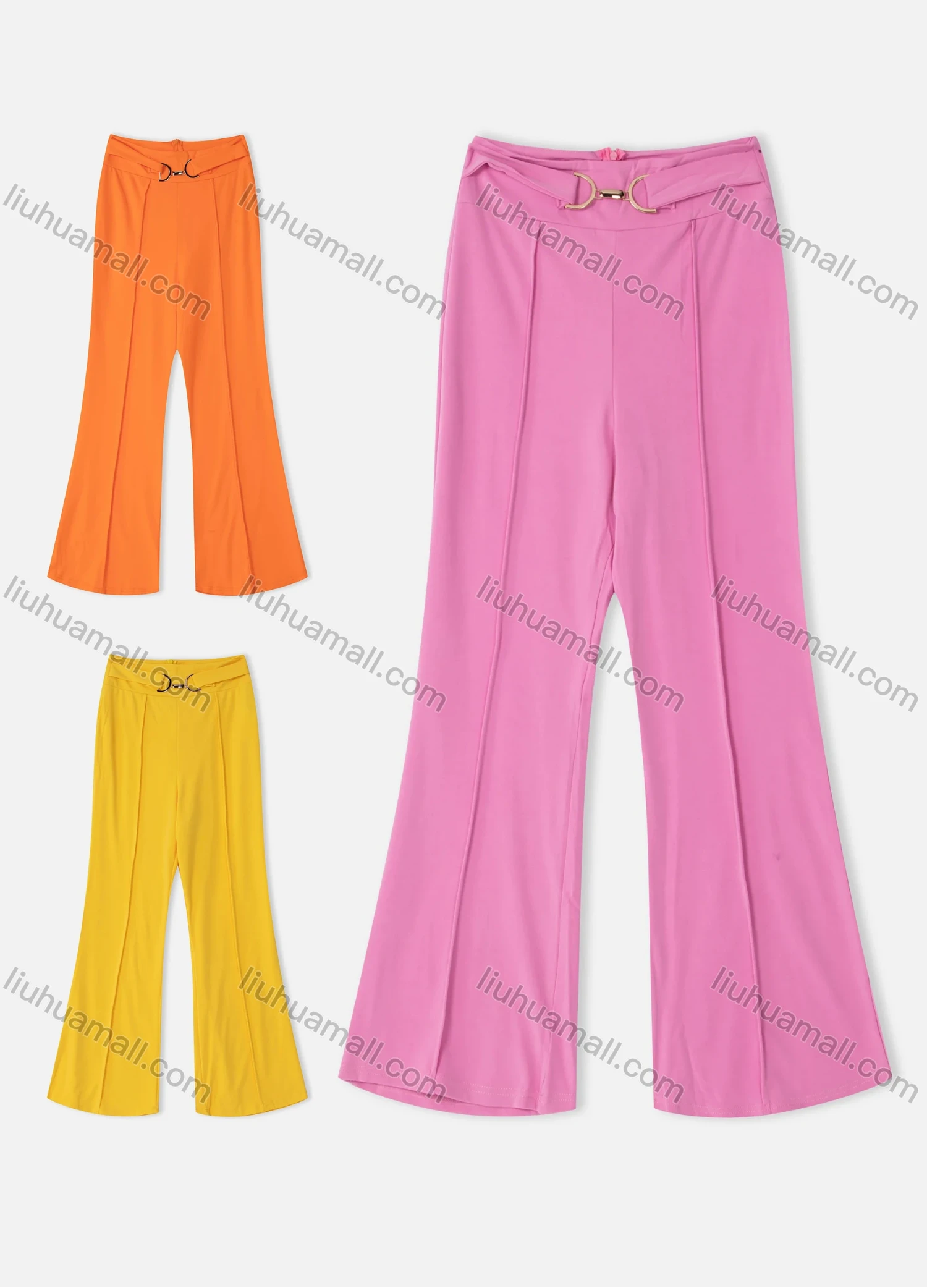 Wholesale Women's Casual High Waist Plain Metal Decor Back Zip Wide Leg Pant - Liuhuamall
