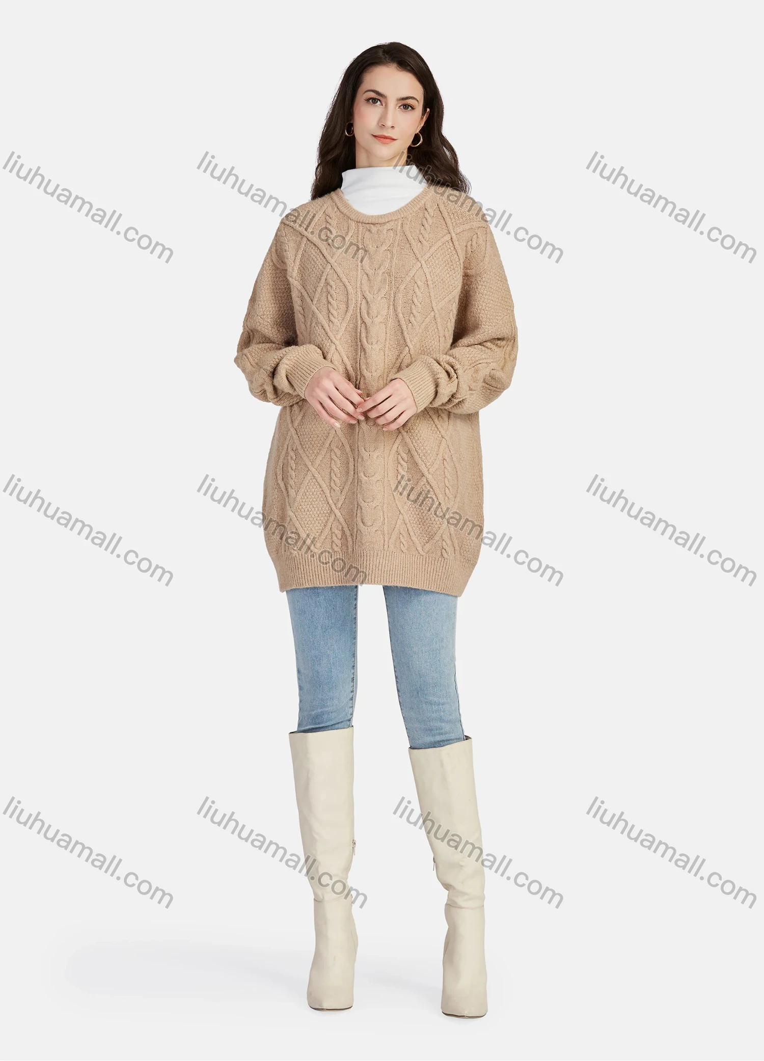 Wholesale Women's Plain Casual High Neck Long Sleeve Sweater Tops & Round Neck Cable Knit Long Sleeve Sweater Tunics 2 Piece Set - Liuhuamall