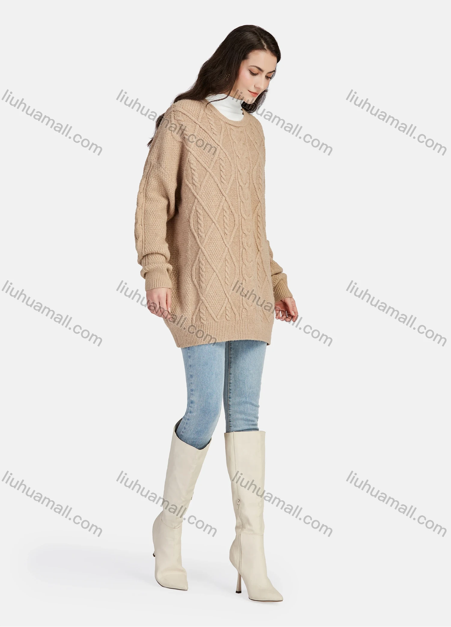 Wholesale Women's Plain Casual High Neck Long Sleeve Sweater Tops & Round Neck Cable Knit Long Sleeve Sweater Tunics 2 Piece Set - Liuhuamall