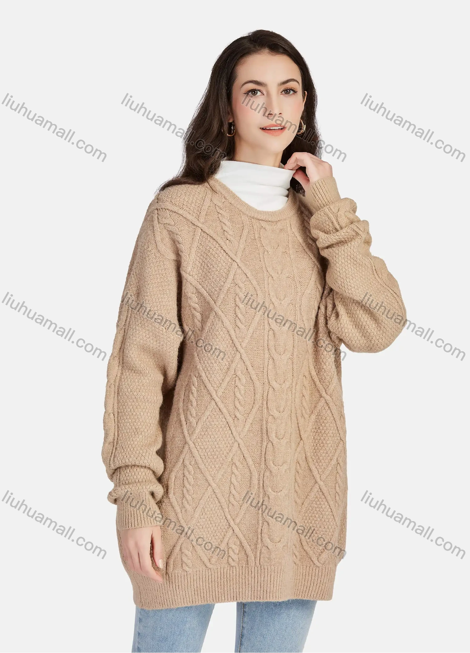 Wholesale Women's Plain Casual High Neck Long Sleeve Sweater Tops & Round Neck Cable Knit Long Sleeve Sweater Tunics 2 Piece Set - Liuhuamall