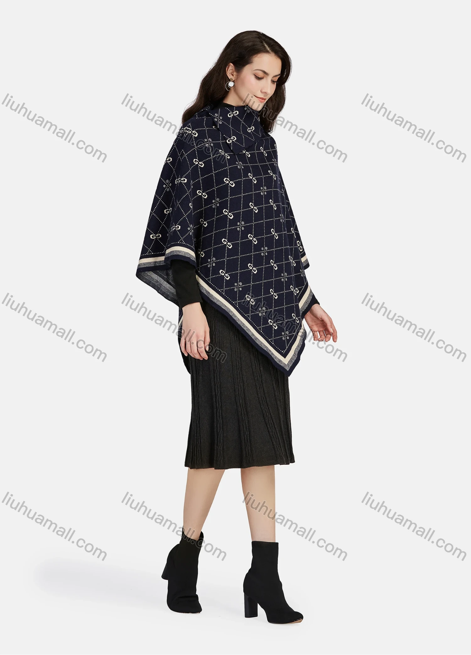 Wholesale Women's Casual Vintage Grid Pattern High Neck Cape 05# - Liuhuamall