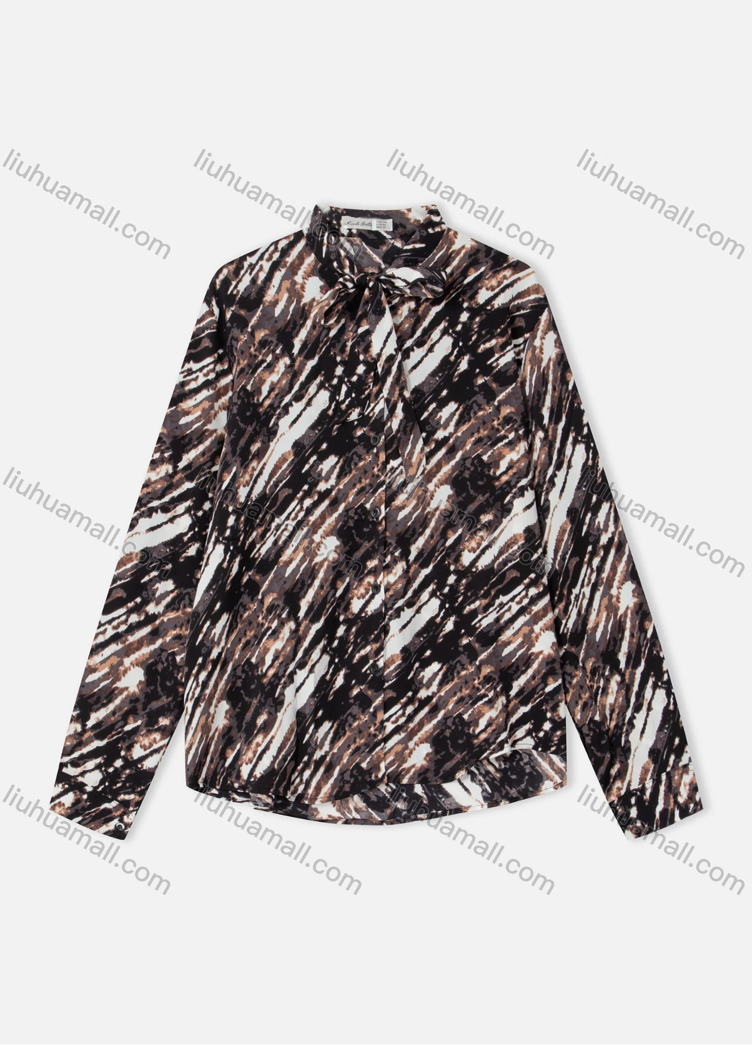 Wholesale Women's Fashion Collared Allover Print Long Sleeve Button Down Shirt With Tie - Liuhuamall