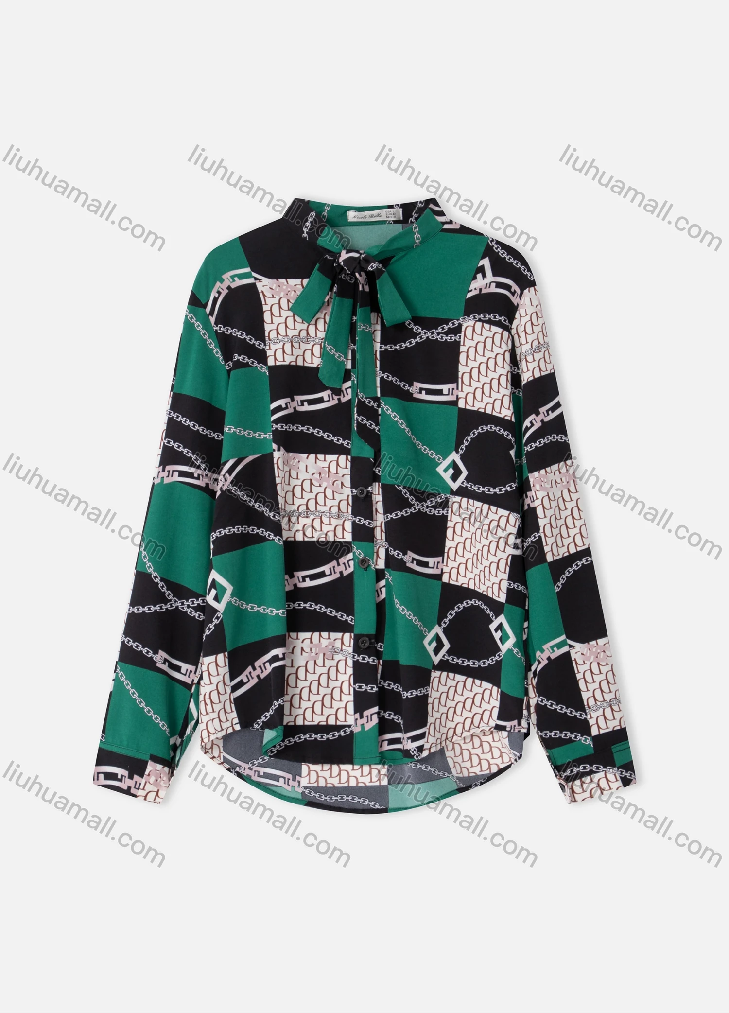 Wholesale Women's Fashion Collared Chain Splicing Print Long Sleeve Button Down Shirt With Tie - Liuhuamall