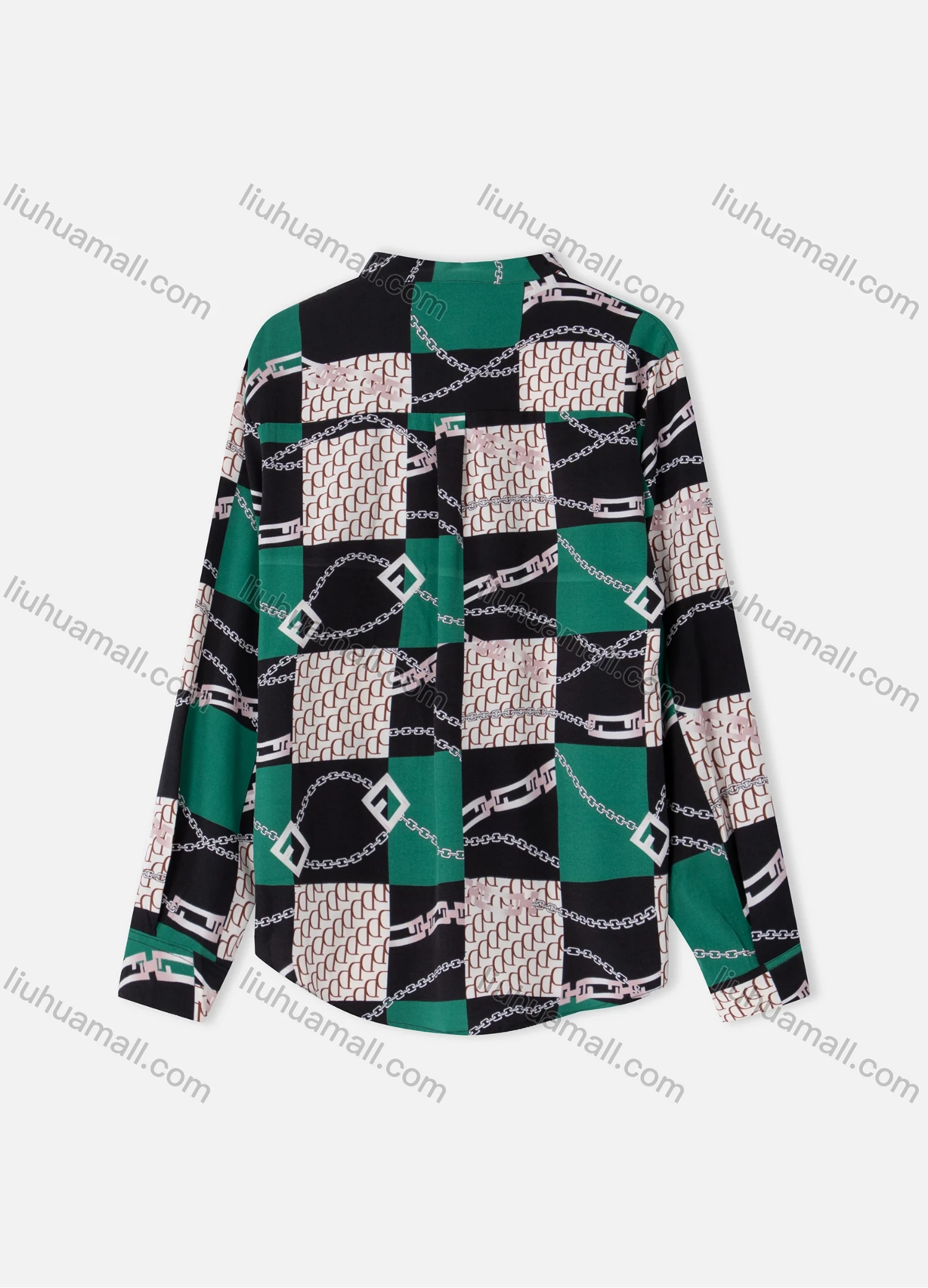 Wholesale Women's Fashion Collared Chain Splicing Print Long Sleeve Button Down Shirt With Tie - Liuhuamall