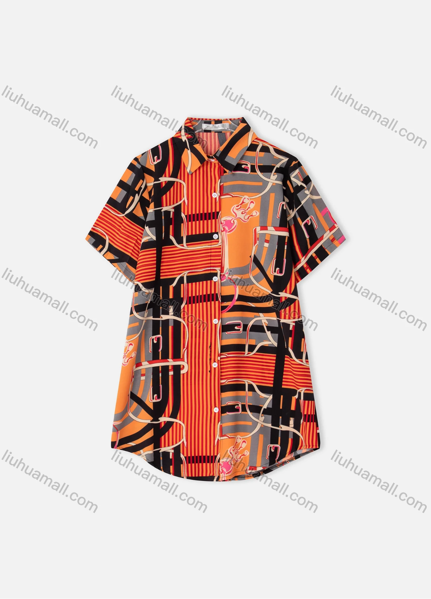 Wholesale Women's Fashion Collared Striped Splicing Print Long Sleeve Button Down Shirt Dress - Liuhuamall