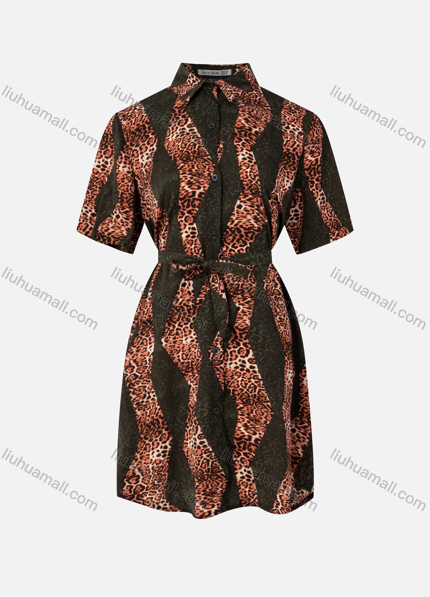 Wholesale Women's Fashion Collared Leopard Floral Splicing Print Short Sleeve Button Down Lace Up Shirt Dress - Liuhuamall