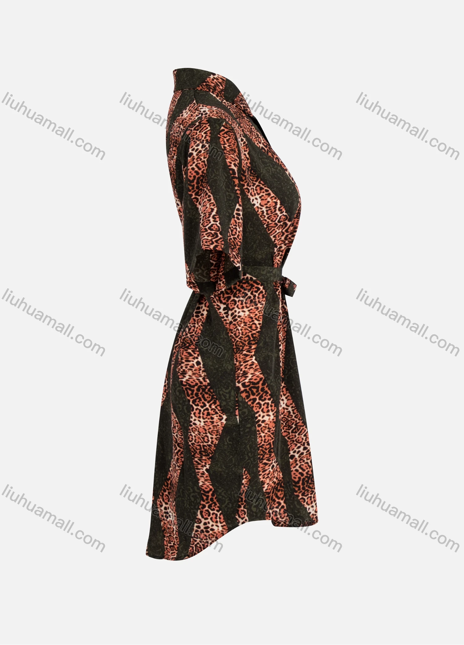 Wholesale Women's Fashion Collared Leopard Floral Splicing Print Short Sleeve Button Down Lace Up Shirt Dress - Liuhuamall