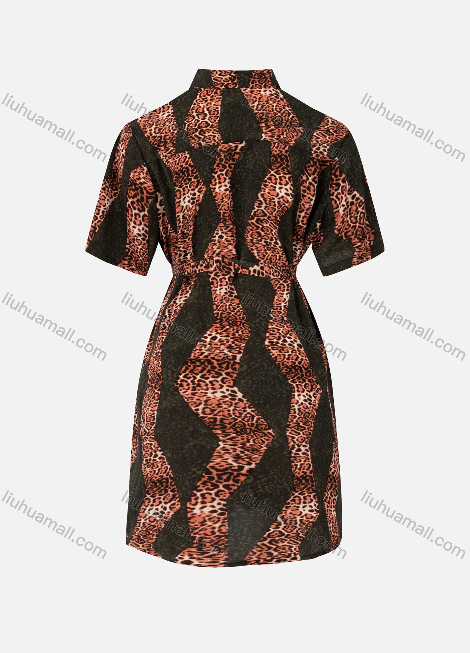 Wholesale Women's Fashion Collared Leopard Floral Splicing Print Short Sleeve Button Down Lace Up Shirt Dress - Liuhuamall