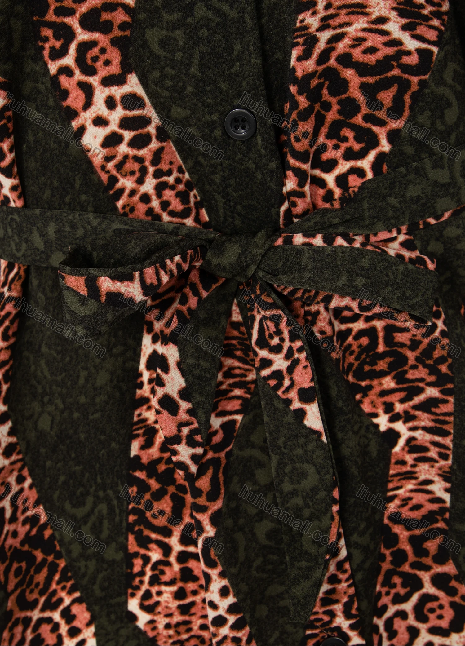 Wholesale Women's Fashion Collared Leopard Floral Splicing Print Short Sleeve Button Down Lace Up Shirt Dress - Liuhuamall