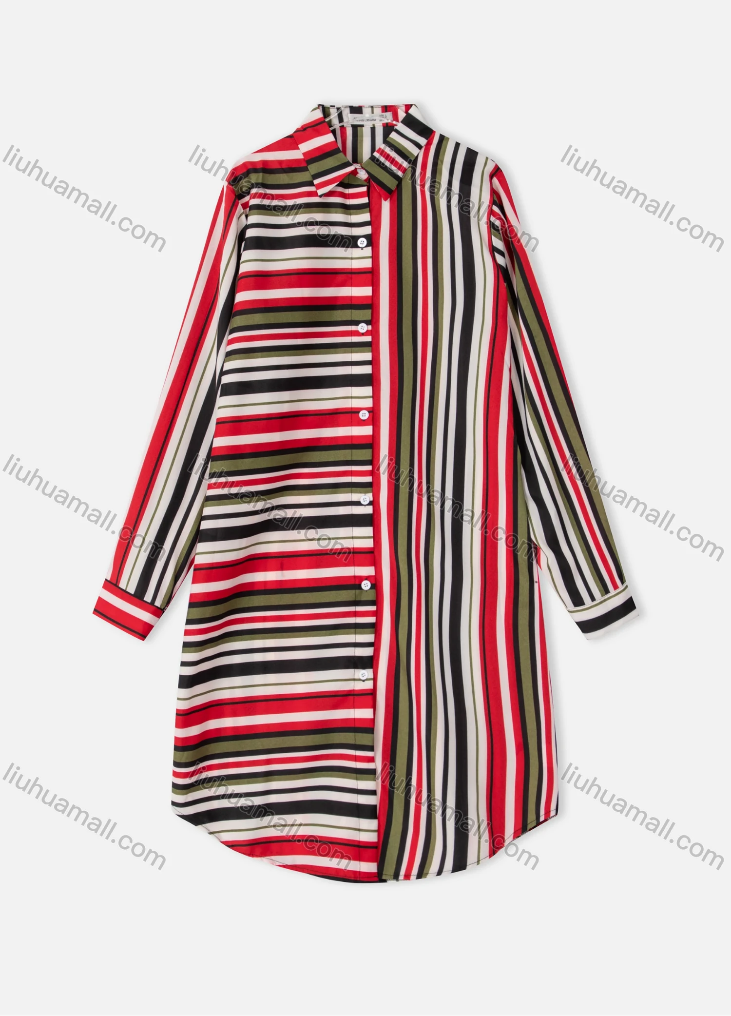 Wholesale Women's Collared Long Sleeve Button Down Curved Hem Stripe Print Shirt Dress - Liuhuamall