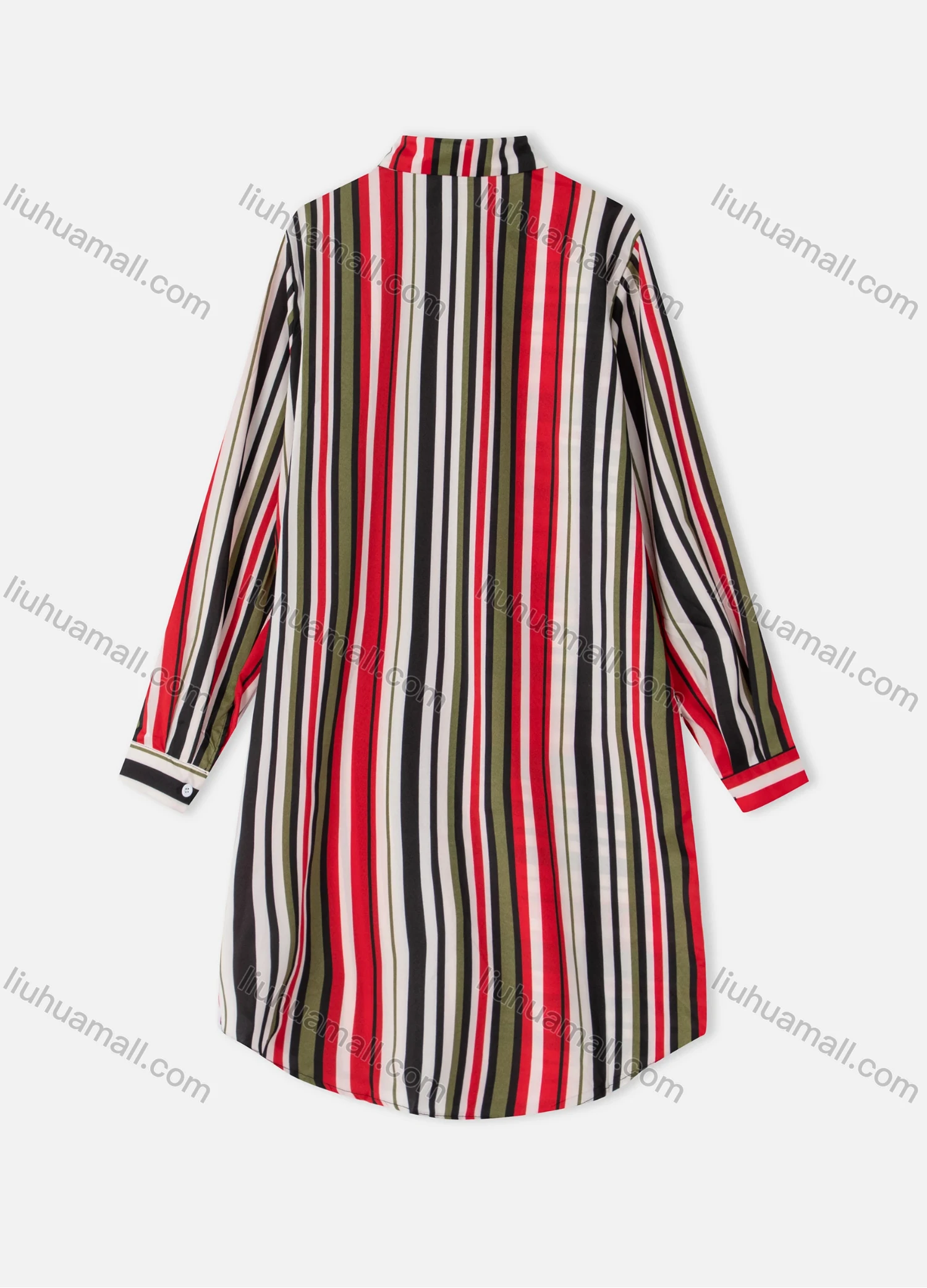 Wholesale Women's Collared Long Sleeve Button Down Curved Hem Stripe Print Shirt Dress - Liuhuamall