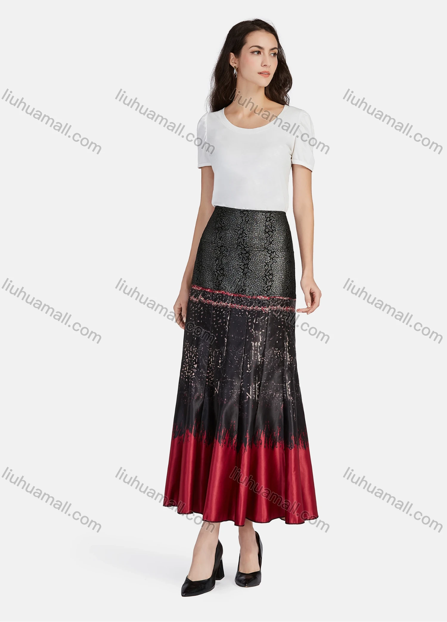 Wholesale Women's Casual Vintage Allover Print Colorblock High Waist Ruffle Hem Maxi Skirts - Liuhuamall