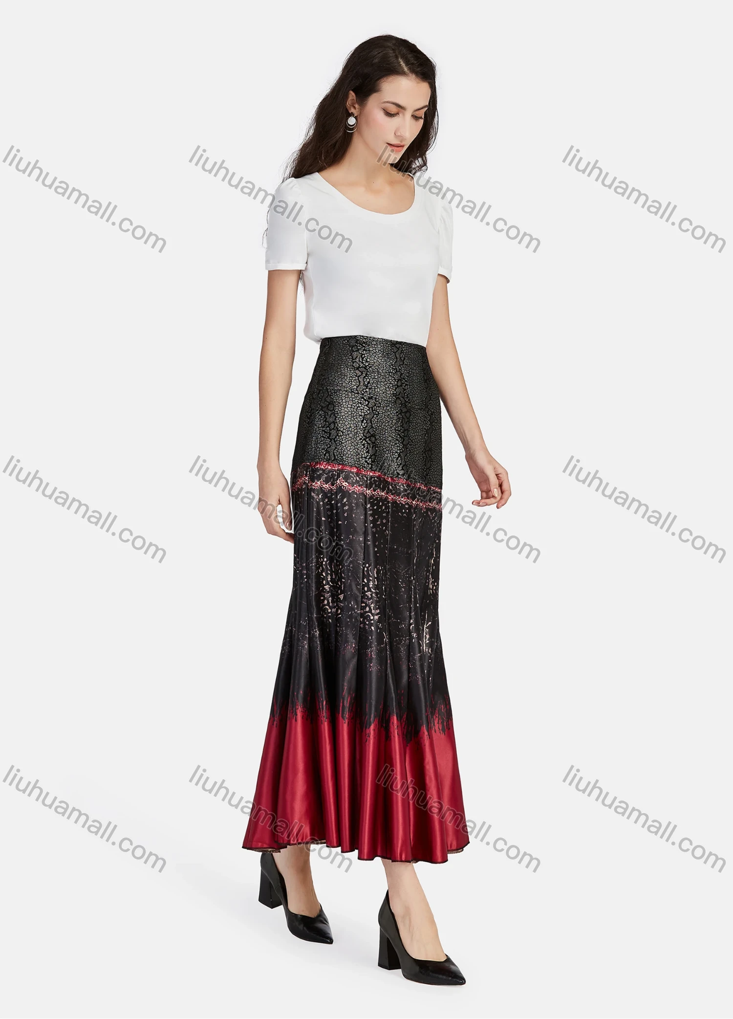 Wholesale Women's Casual Vintage Allover Print Colorblock High Waist Ruffle Hem Maxi Skirts - Liuhuamall