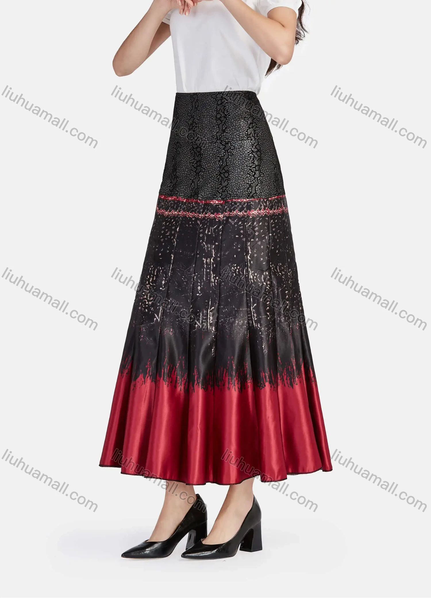 Wholesale Women's Casual Vintage Allover Print Colorblock High Waist Ruffle Hem Maxi Skirts - Liuhuamall