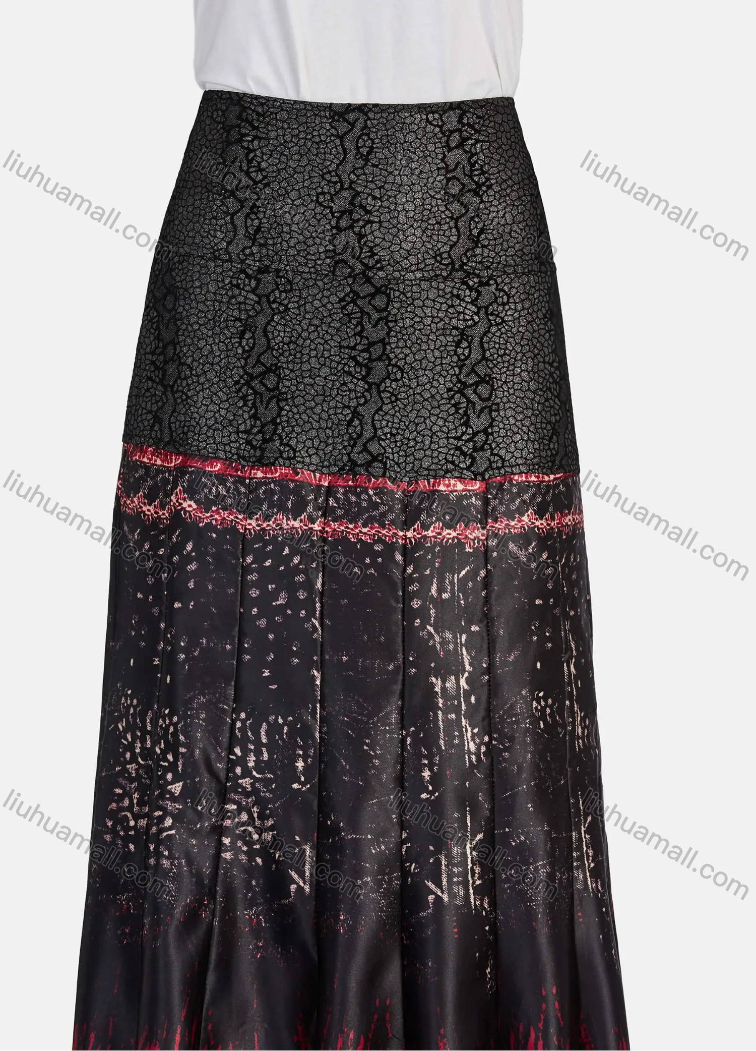 Wholesale Women's Casual Vintage Allover Print Colorblock High Waist Ruffle Hem Maxi Skirts - Liuhuamall