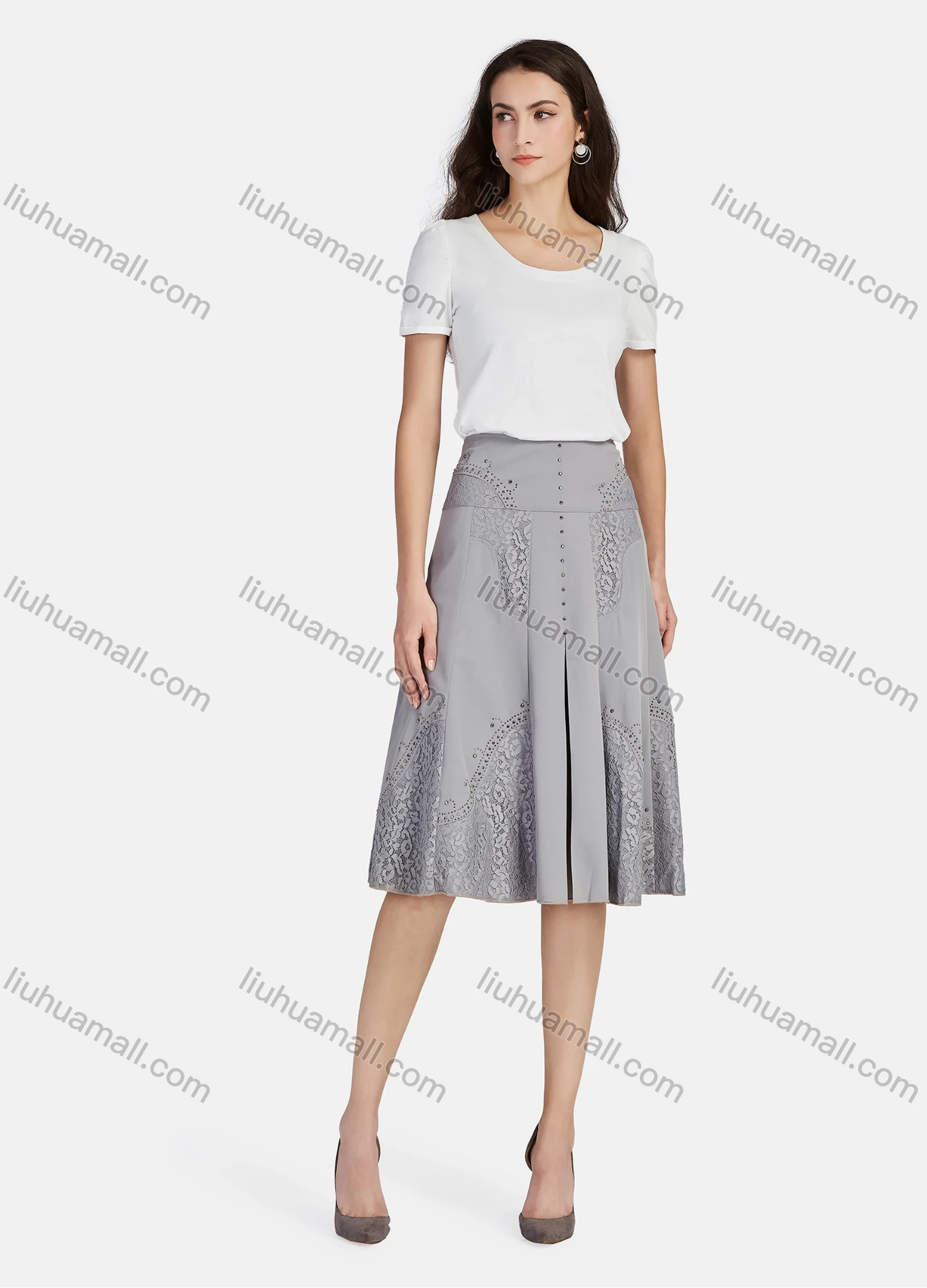 Wholesale Women's Casual High Waist Plain Guipure Lace Rhinestone Appliques Ruffle Hem Midi Skirts - Liuhuamall