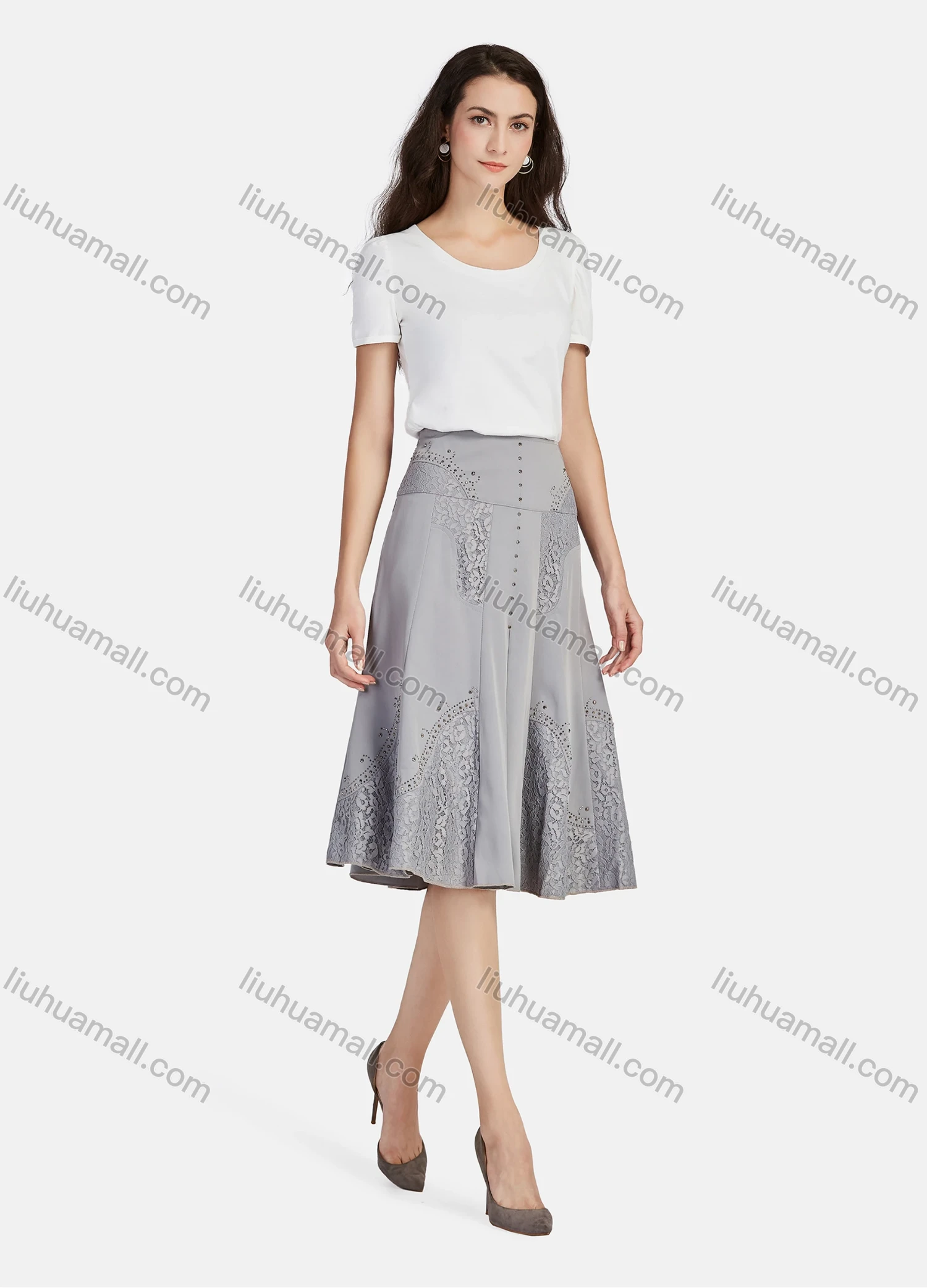 Wholesale Women's Casual High Waist Plain Guipure Lace Rhinestone Appliques Ruffle Hem Midi Skirts - Liuhuamall