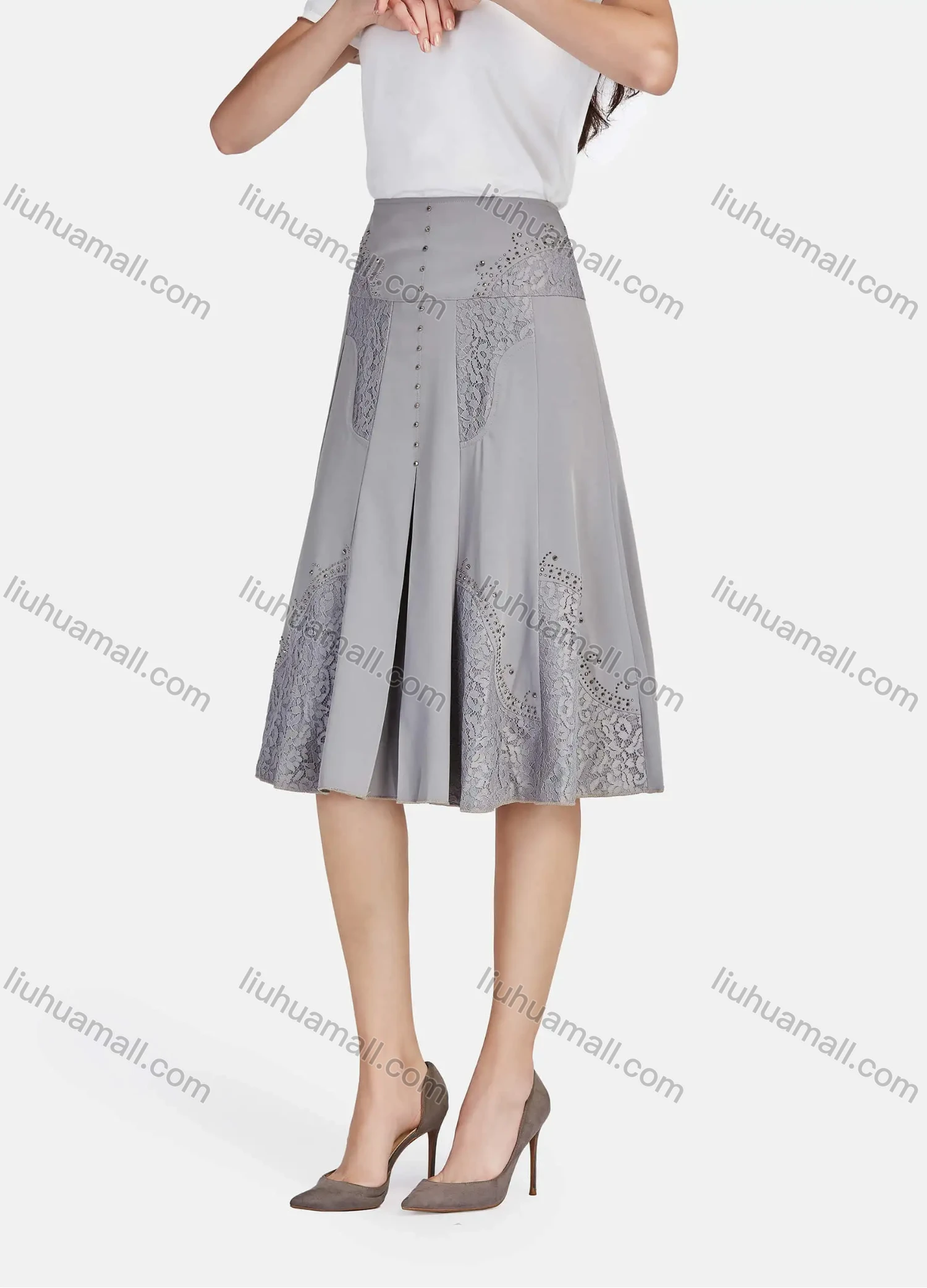 Wholesale Women's Casual High Waist Plain Guipure Lace Rhinestone Appliques Ruffle Hem Midi Skirts - Liuhuamall