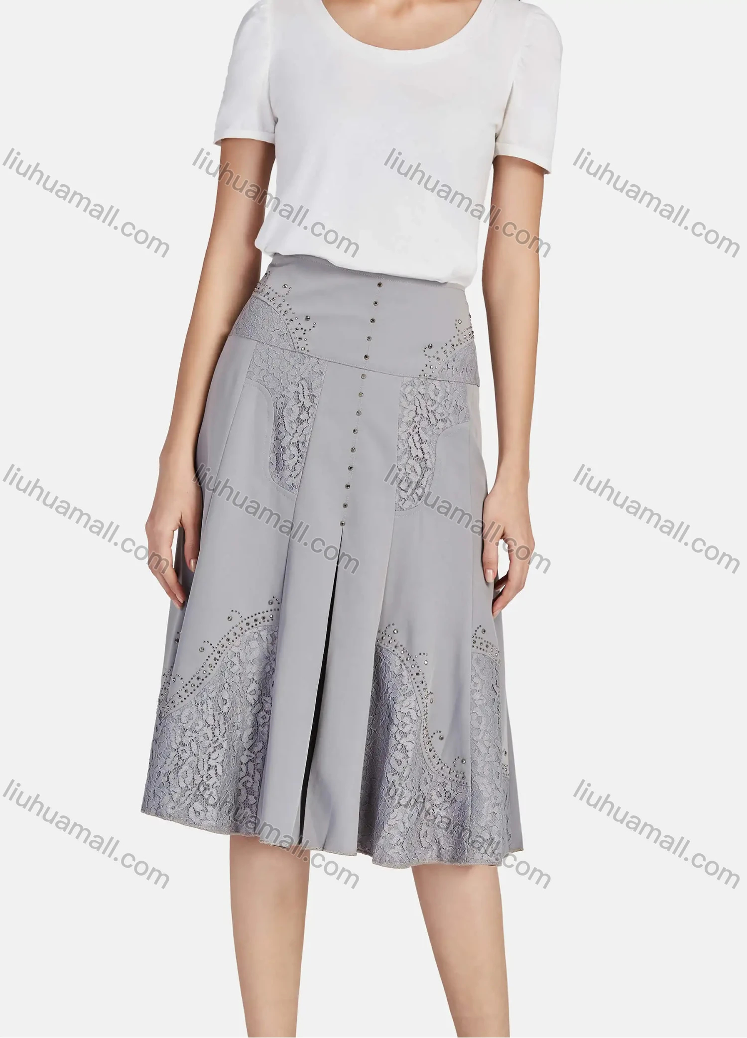 Wholesale Women's Casual High Waist Plain Guipure Lace Rhinestone Appliques Ruffle Hem Midi Skirts - Liuhuamall