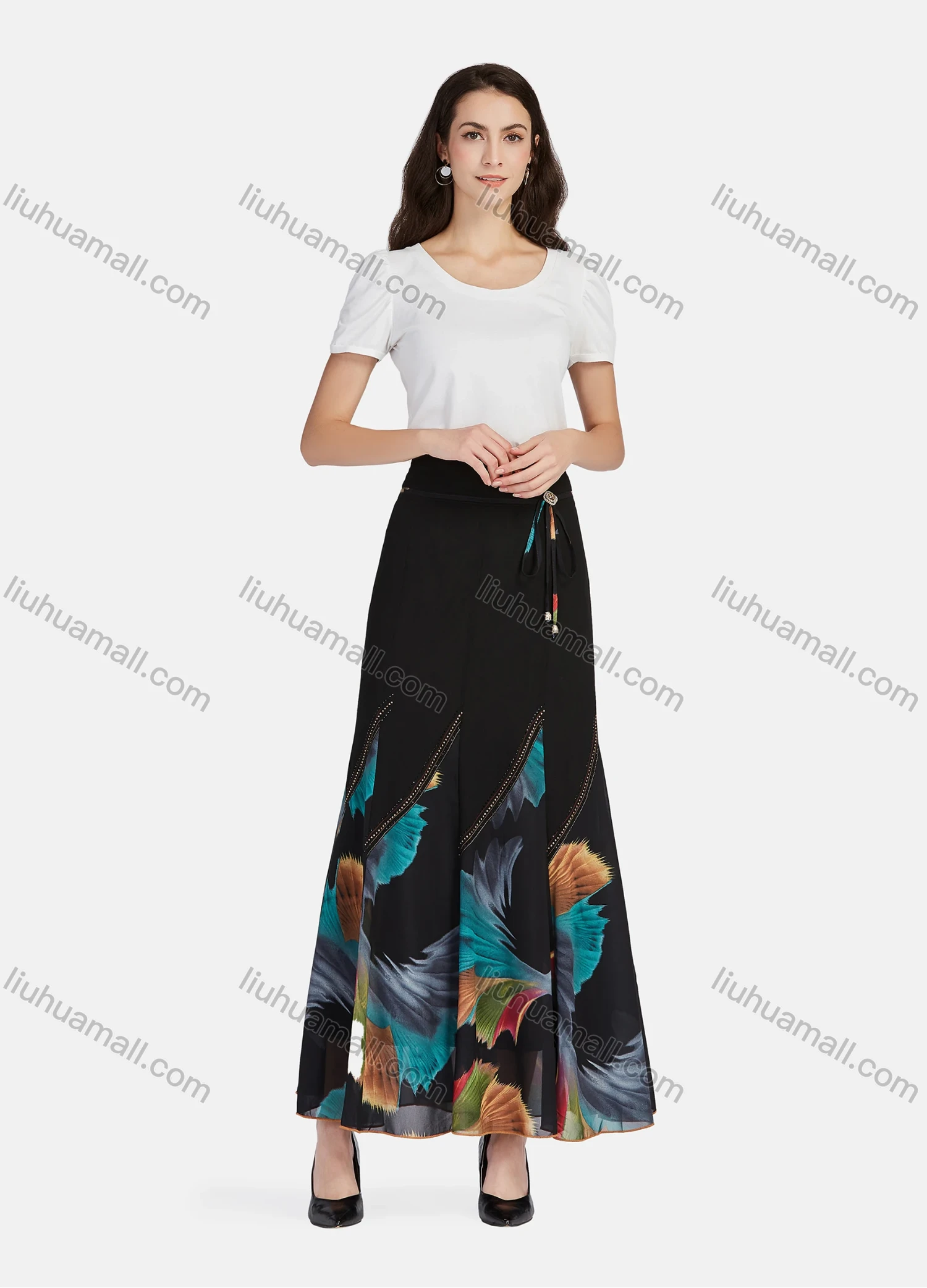 Wholesale Women's Casual Abstract Print Rhinestone High Waist Ruffle Hem Maxi Skirts With Belt - Liuhuamall