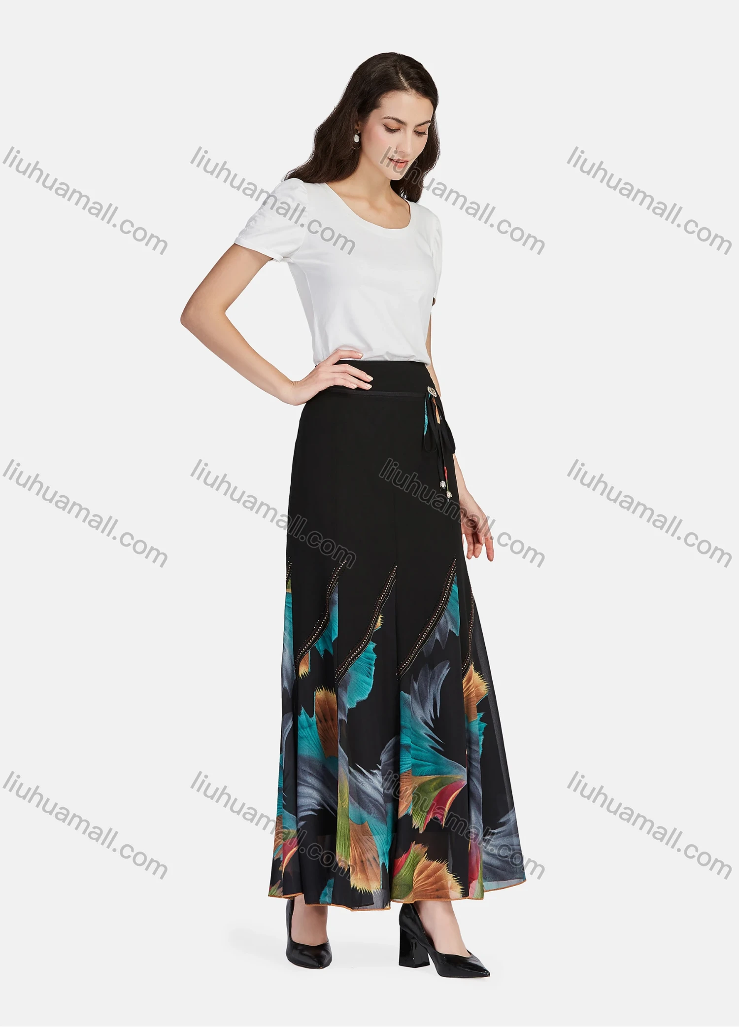 Wholesale Women's Casual Abstract Print Rhinestone High Waist Ruffle Hem Maxi Skirts With Belt - Liuhuamall