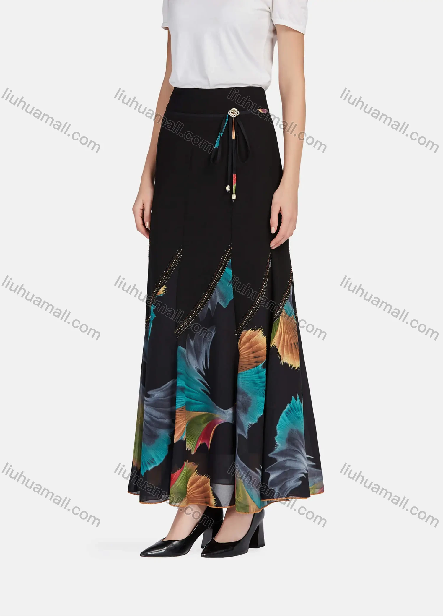 Wholesale Women's Casual Abstract Print Rhinestone High Waist Ruffle Hem Maxi Skirts With Belt - Liuhuamall