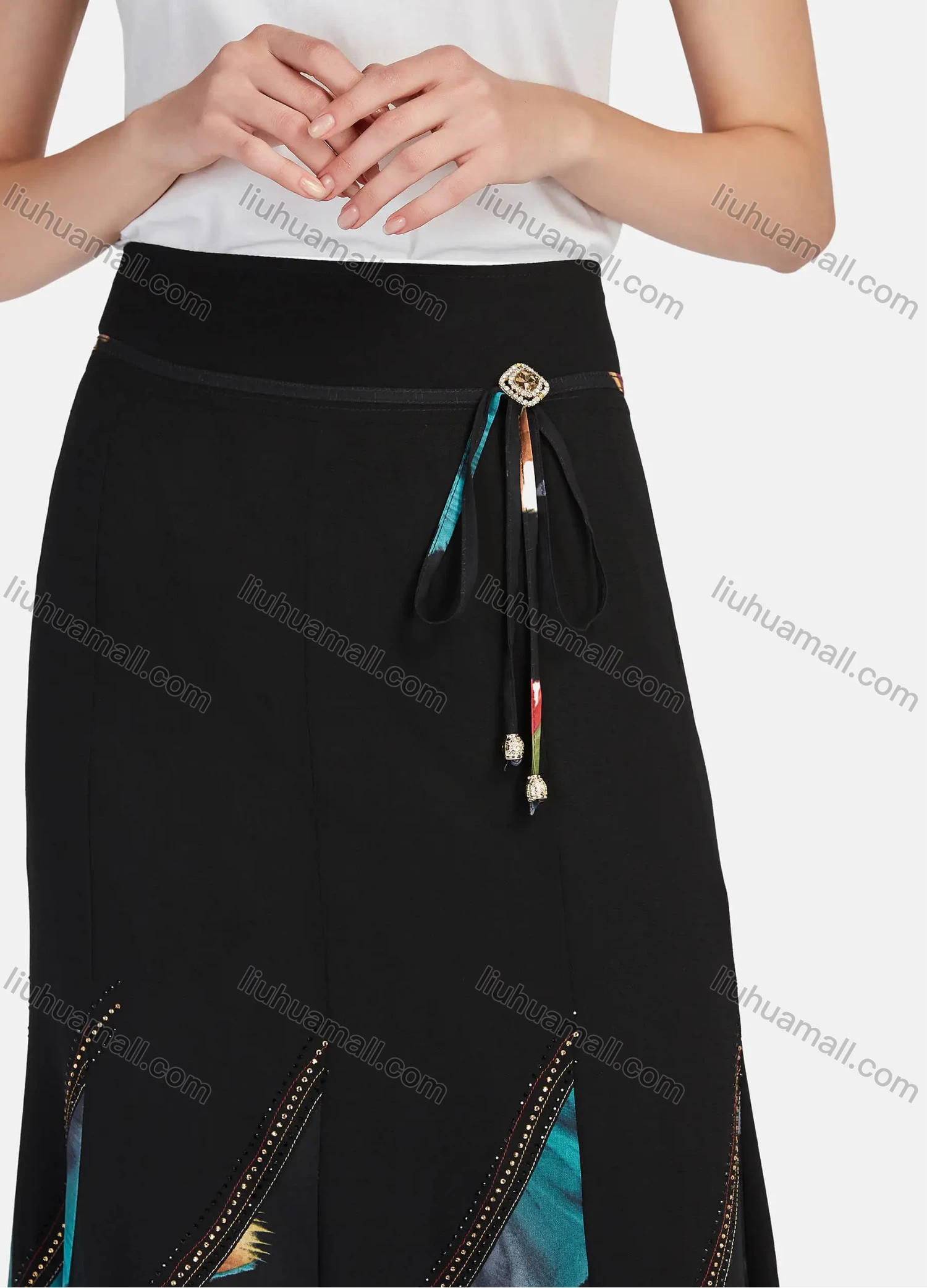 Wholesale Women's Casual Abstract Print Rhinestone High Waist Ruffle Hem Maxi Skirts With Belt - Liuhuamall