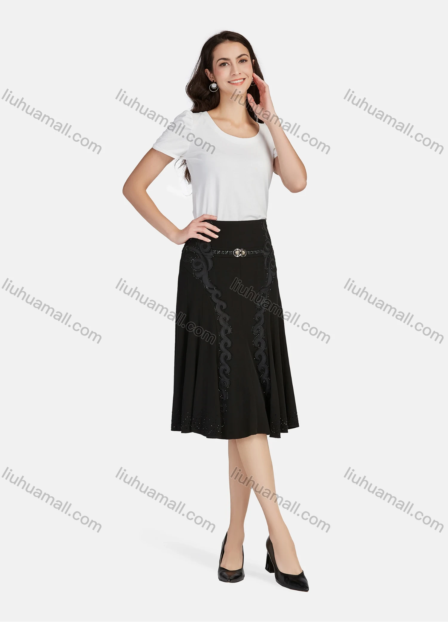 Wholesale Women's Casual High Waist Embroidery Rhinestone Ruffle Hem Knee Length Skirts - Liuhuamall