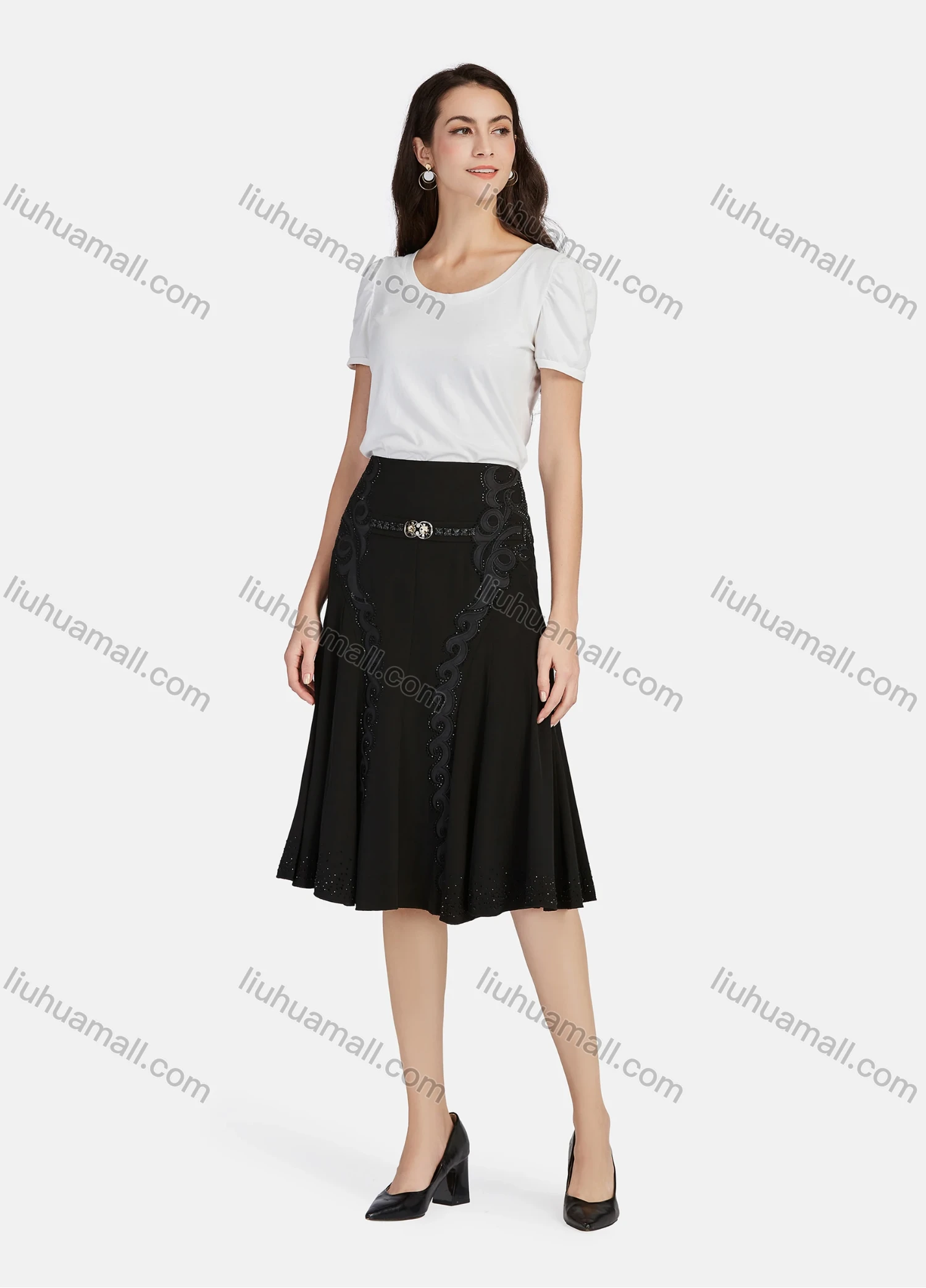 Wholesale Women's Casual High Waist Embroidery Rhinestone Ruffle Hem Knee Length Skirts - Liuhuamall