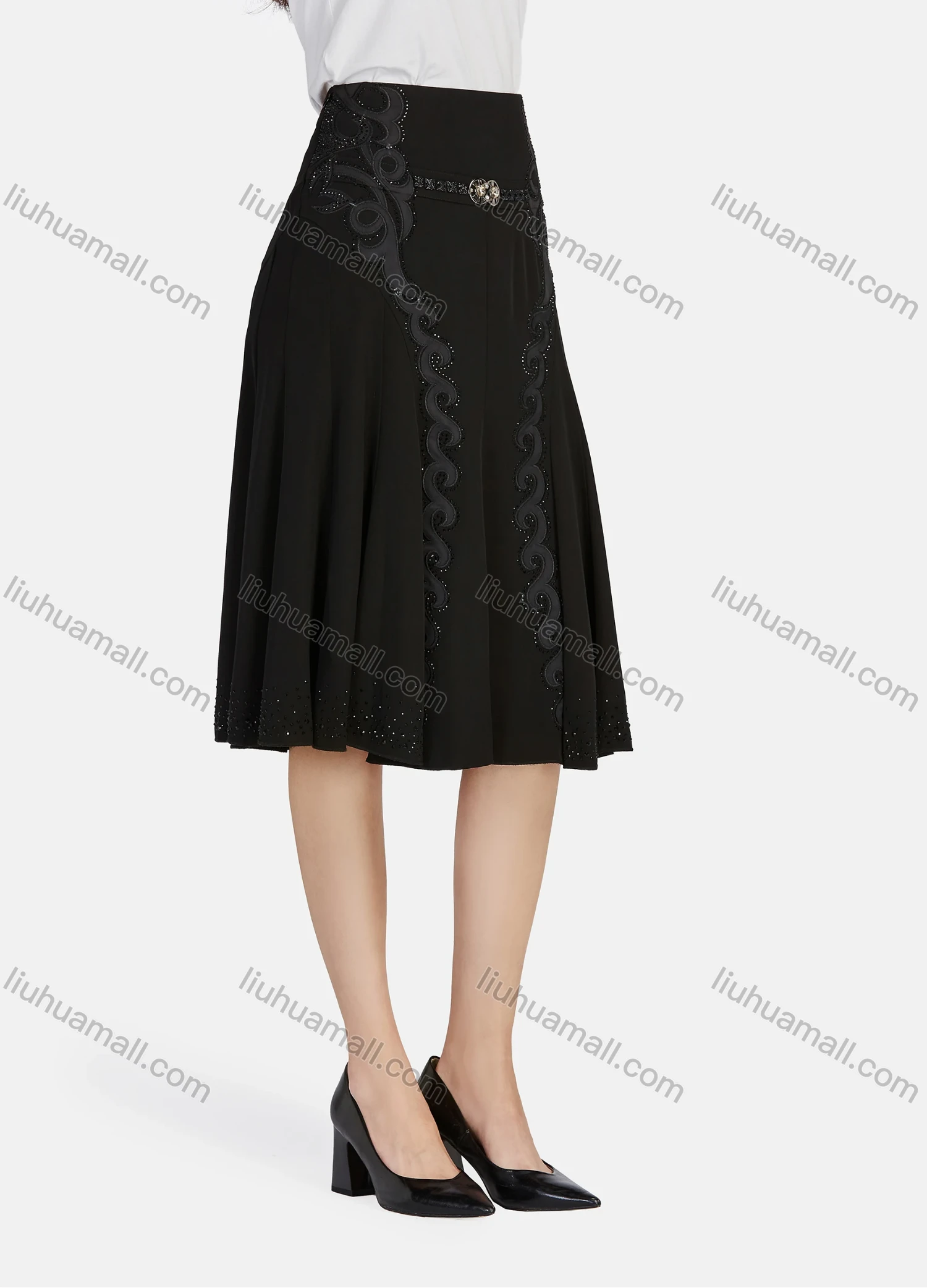 Wholesale Women's Casual High Waist Embroidery Rhinestone Ruffle Hem Knee Length Skirts - Liuhuamall