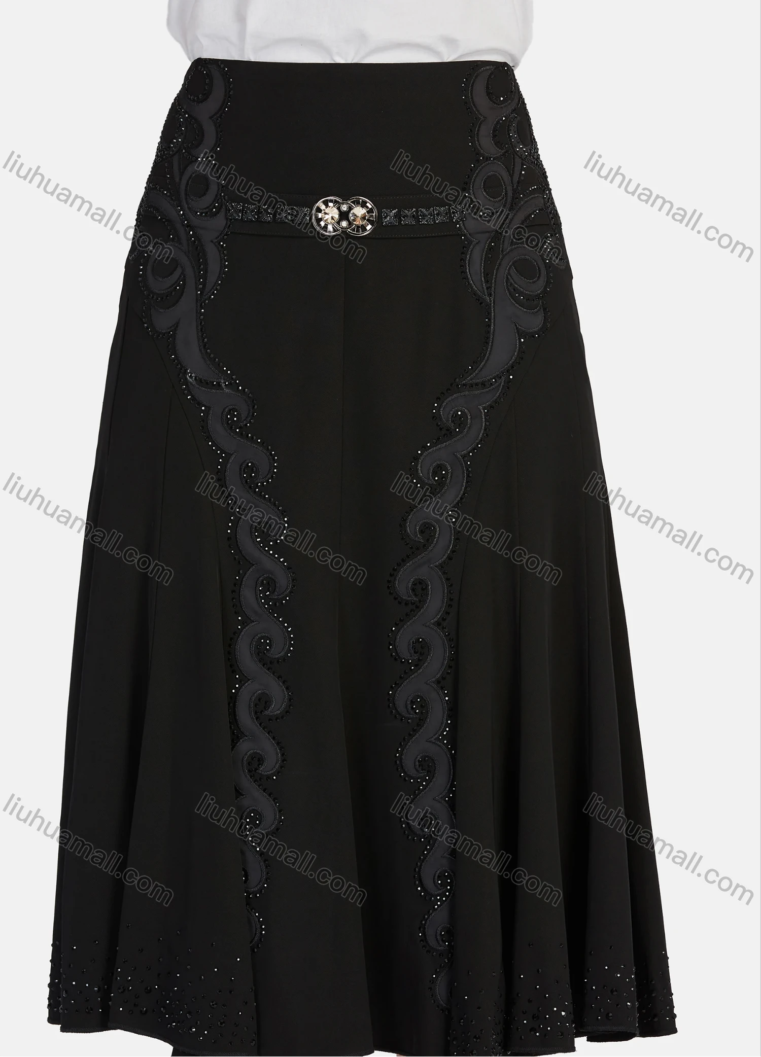 Wholesale Women's Casual High Waist Embroidery Rhinestone Ruffle Hem Knee Length Skirts - Liuhuamall