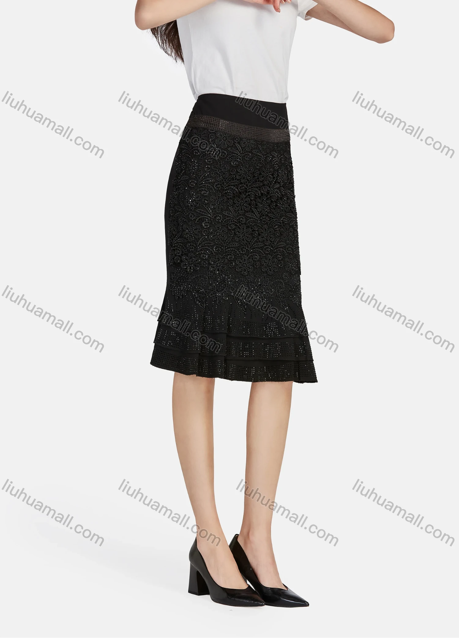 Wholesale Women's Elegant High Waist Rhinestone Appliques Lace Embroidery Layered Hem Knee Length Skirts - Liuhuamall