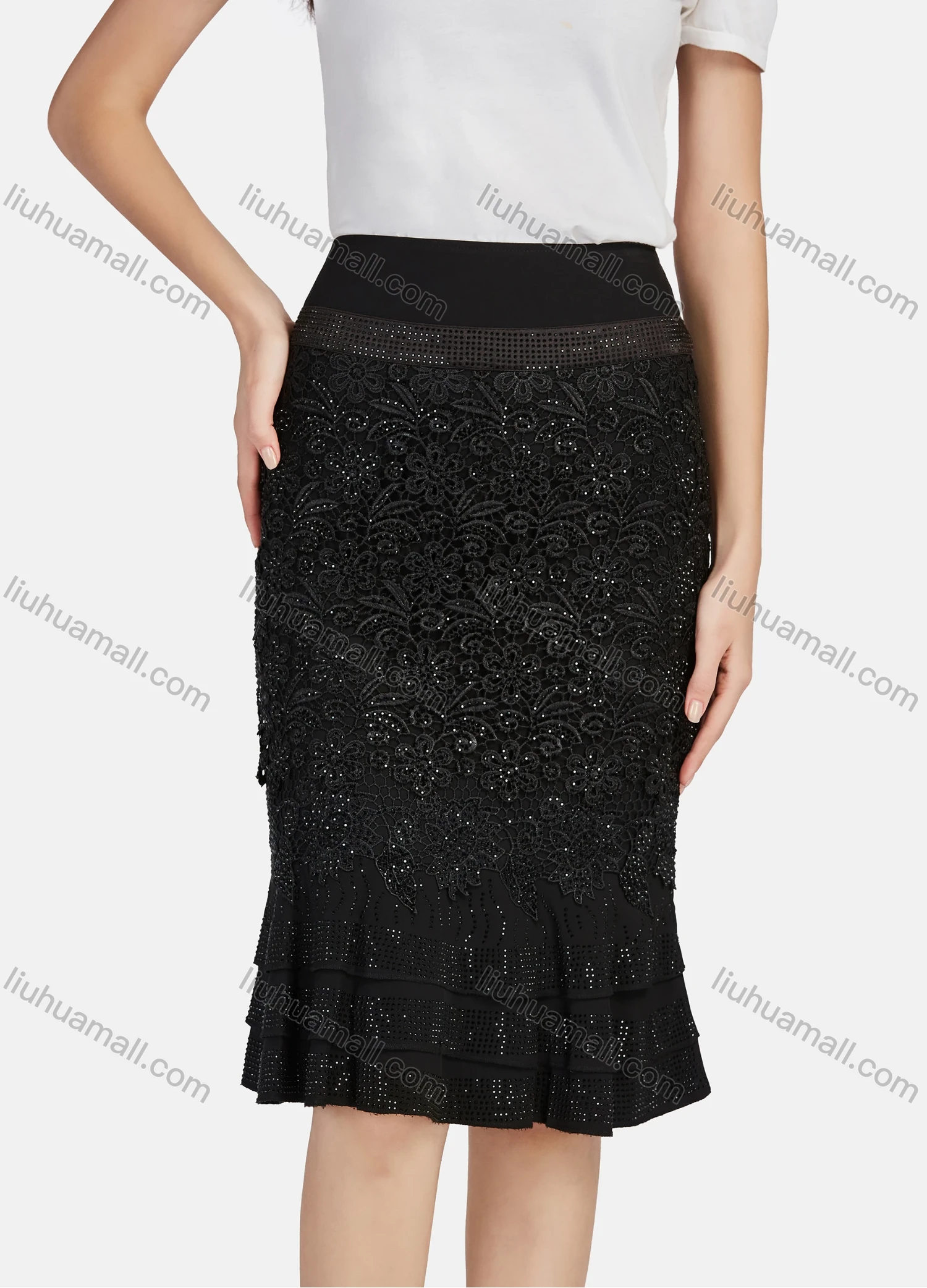 Wholesale Women's Elegant High Waist Rhinestone Appliques Lace Embroidery Layered Hem Knee Length Skirts - Liuhuamall
