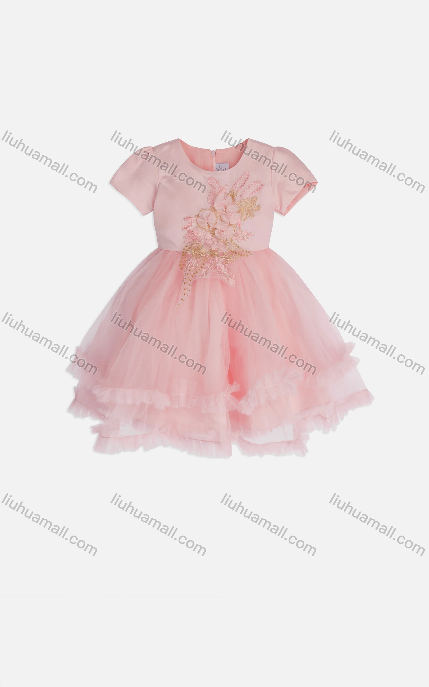 Wholesale Girls Cute Crew Neck Short Sleeve Applique Lace Tiered Hem Zip Back Dress 2211036# - Liuhuamall