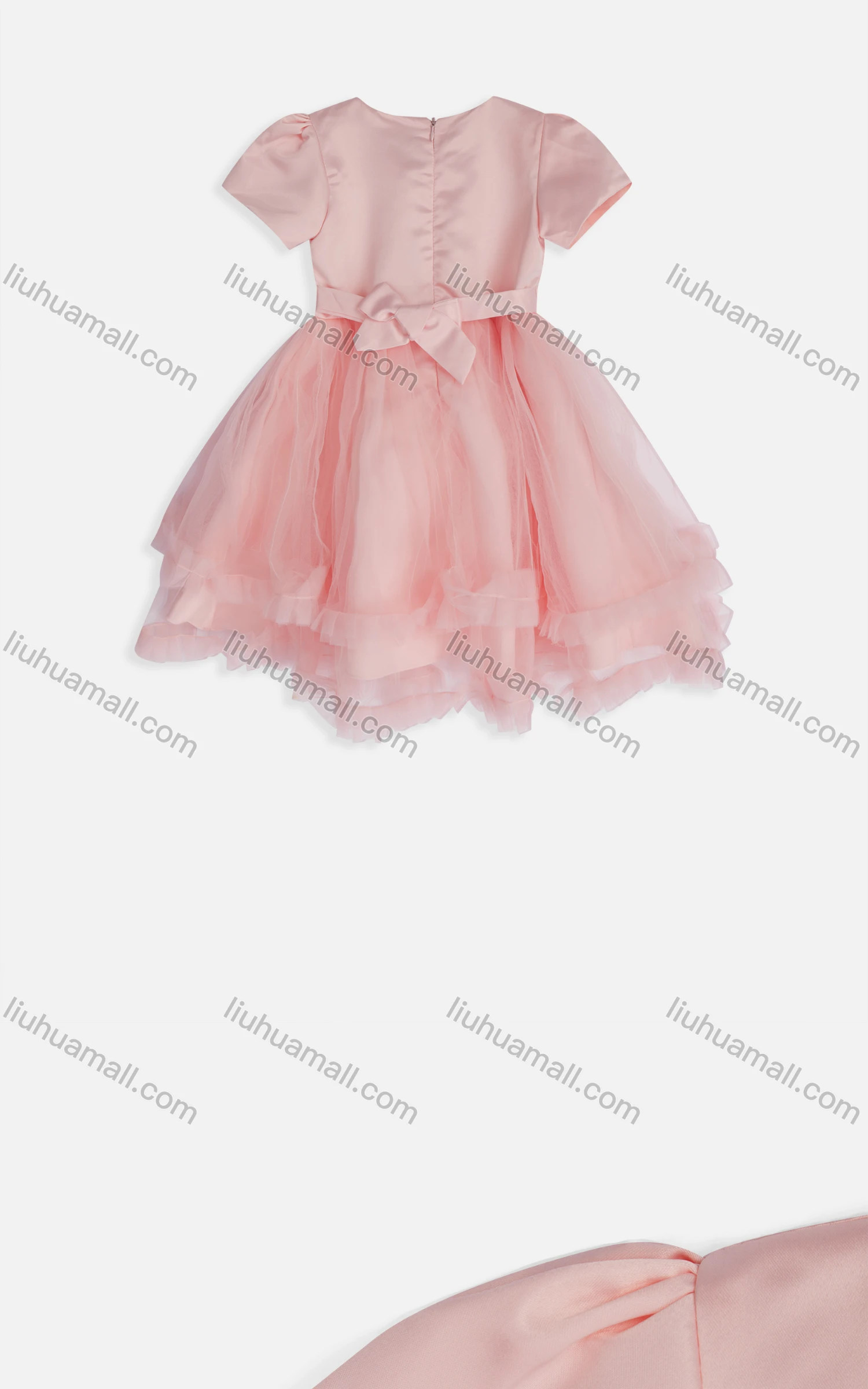 Wholesale Girls Cute Crew Neck Short Sleeve Applique Lace Tiered Hem Zip Back Dress 2211036# - Liuhuamall