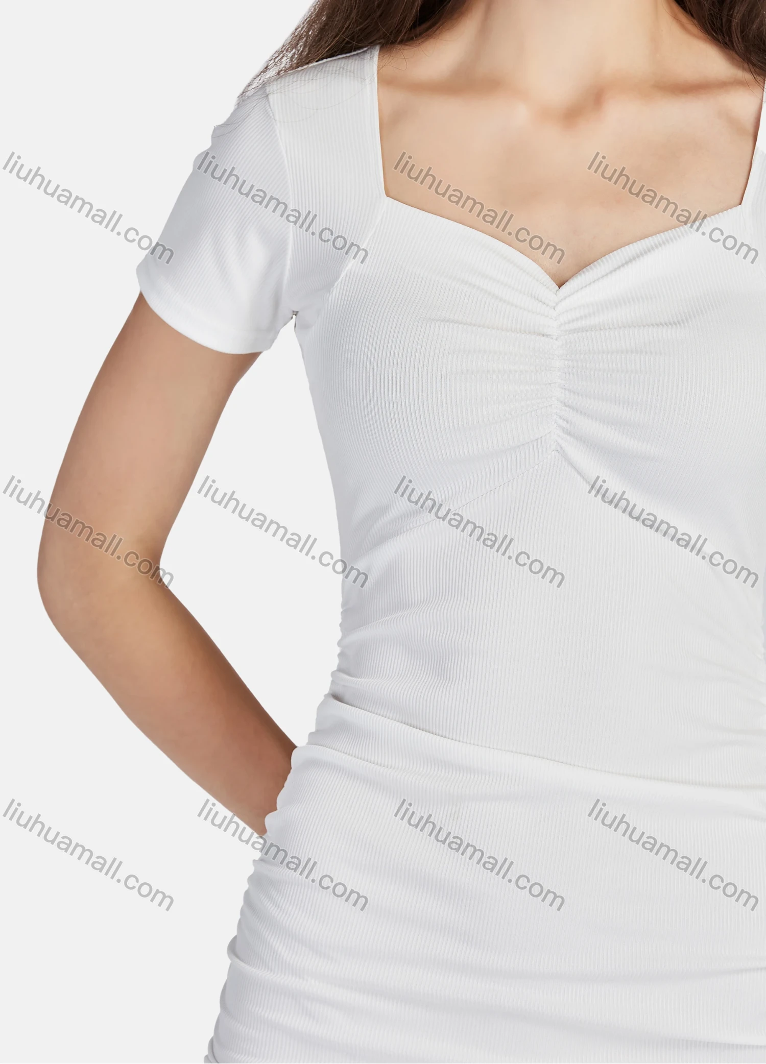 Wholesale Women's Plain Sweetheart Neck Short Sleeve Ruched Slim Fit Mini Dress 3100# - Liuhuamall