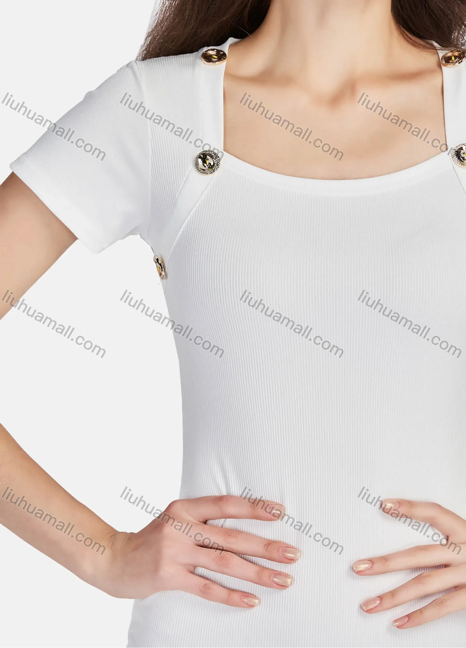 Wholesale Women's Plain Square Neck Short Sleeve Buttons Decor Slim Fit Short Dress 3101# - Liuhuamall