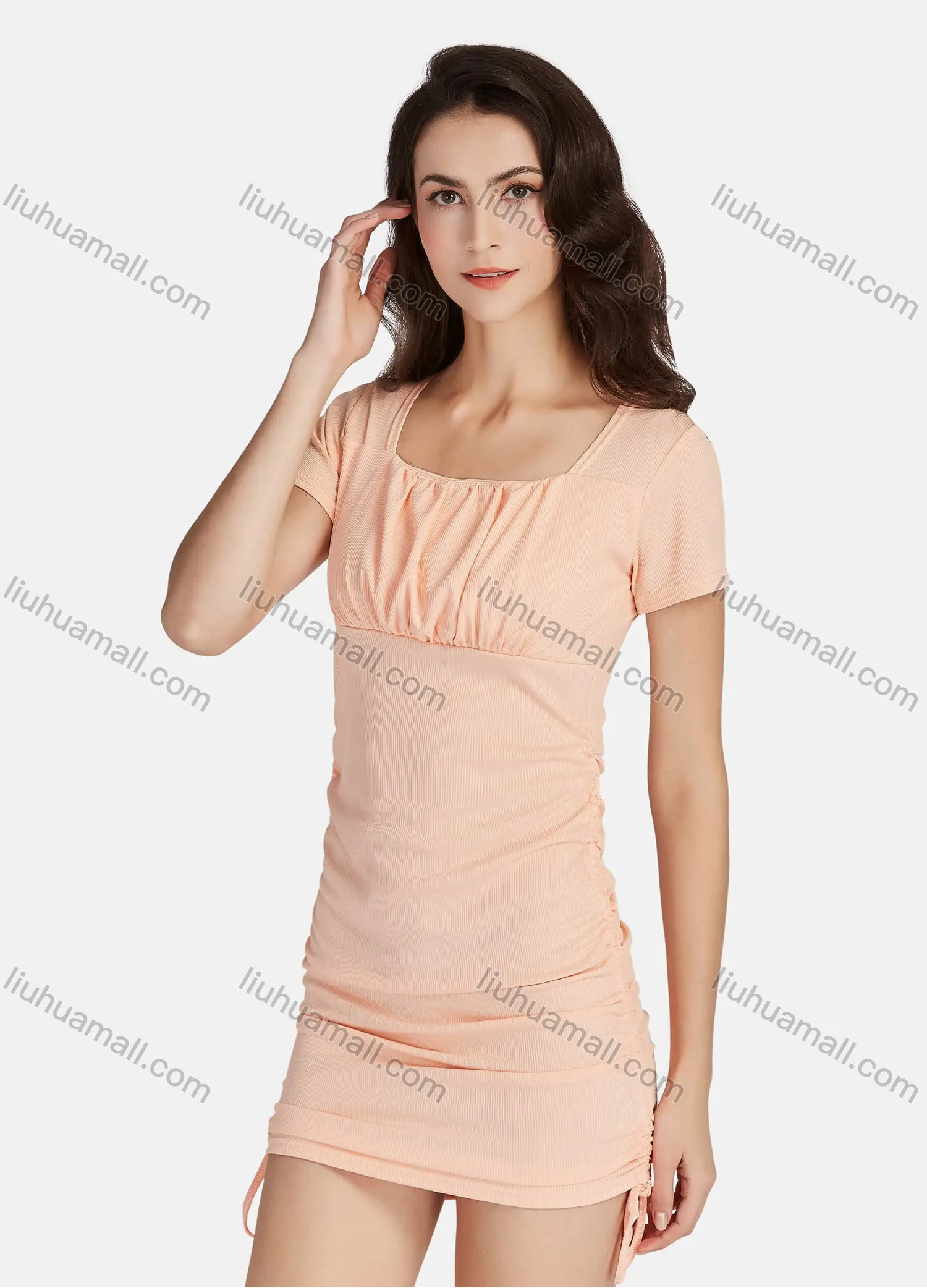 Wholesale Women's Plain Square Neck Short Sleeve Ruched Drawstring Slim Fit Mini Dress 3102# - Liuhuamall