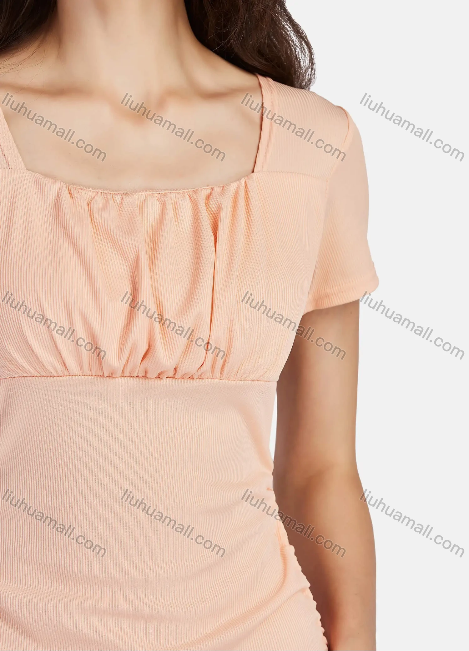 Wholesale Women's Plain Square Neck Short Sleeve Ruched Drawstring Slim Fit Mini Dress 3102# - Liuhuamall