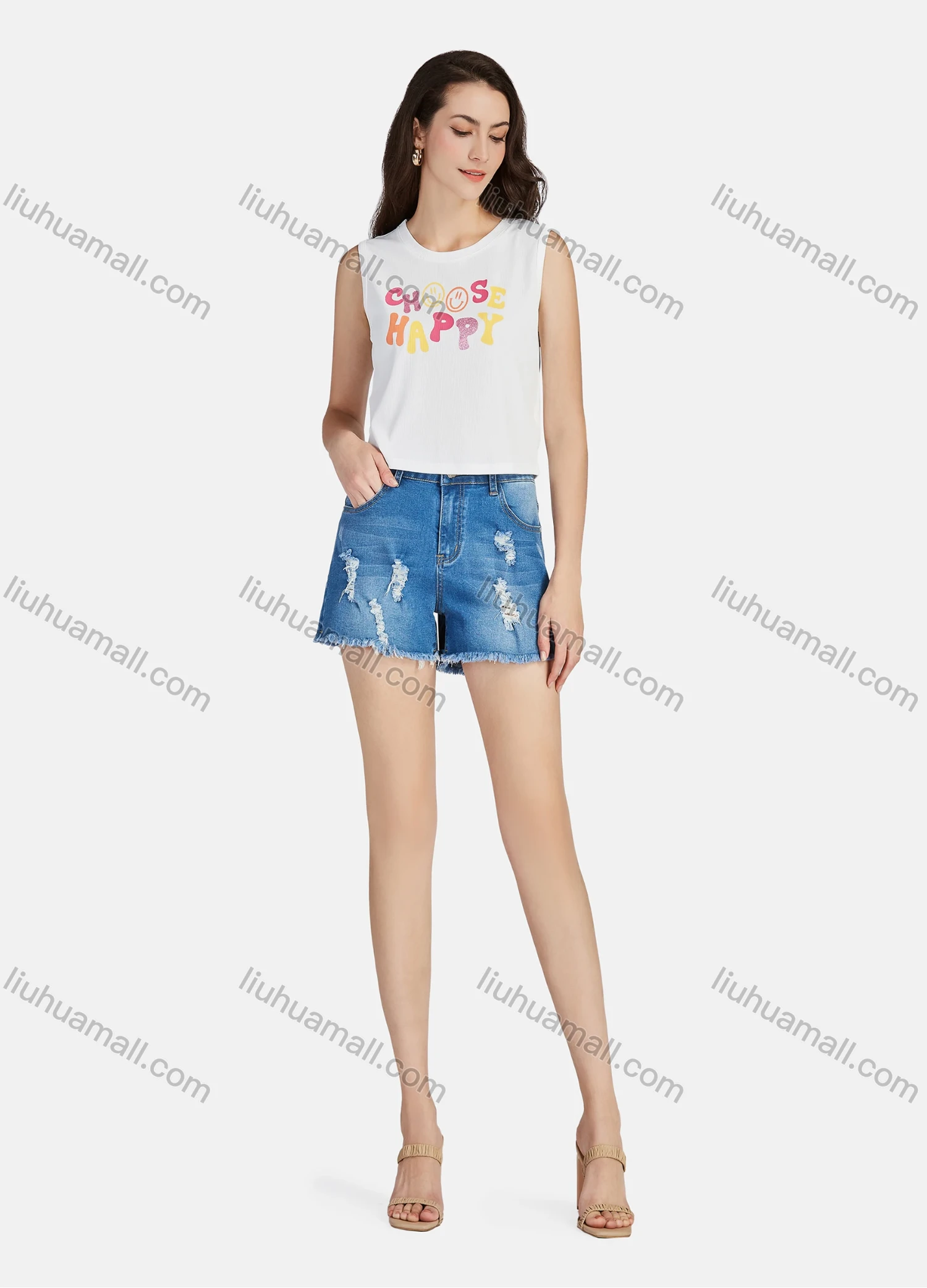 Wholesale Women's Casual Letter Print Round Neck Tank Tops 3103# - Liuhuamall