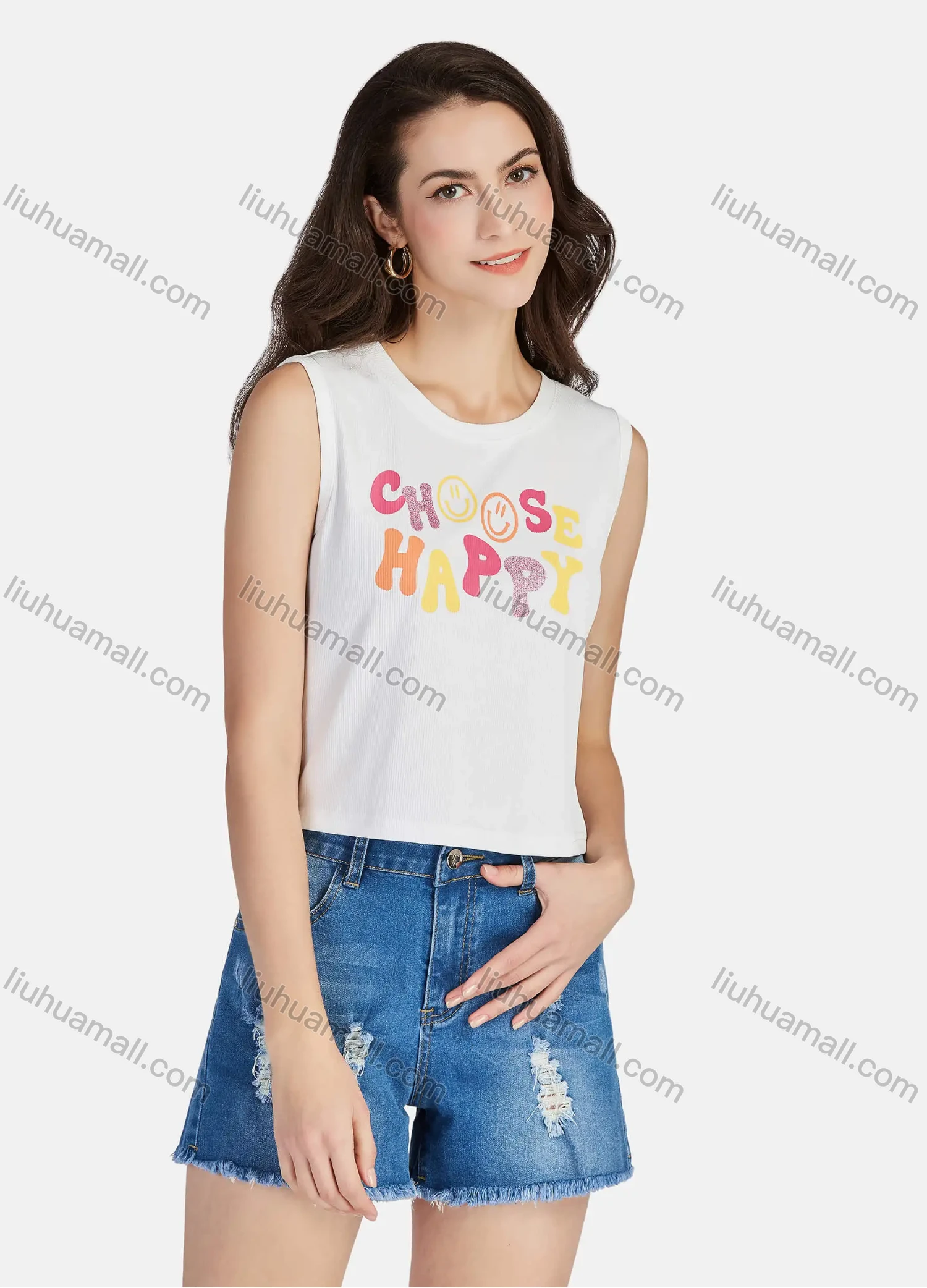 Wholesale Women's Casual Letter Print Round Neck Tank Tops 3103# - Liuhuamall