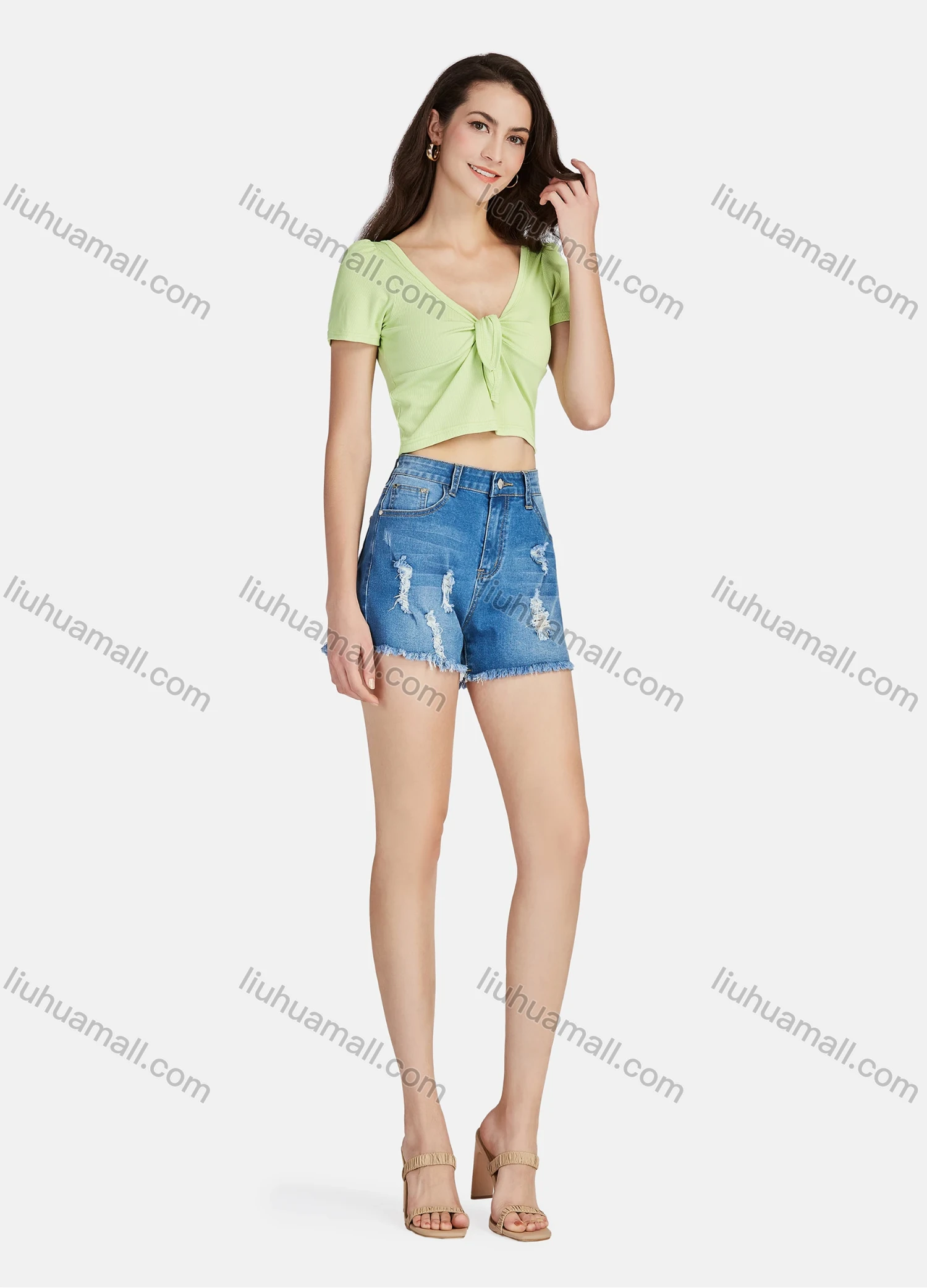 Wholesale Women's Plain Deep V Neck Twist Short Sleeve Crop Blouse 3104# - Liuhuamall