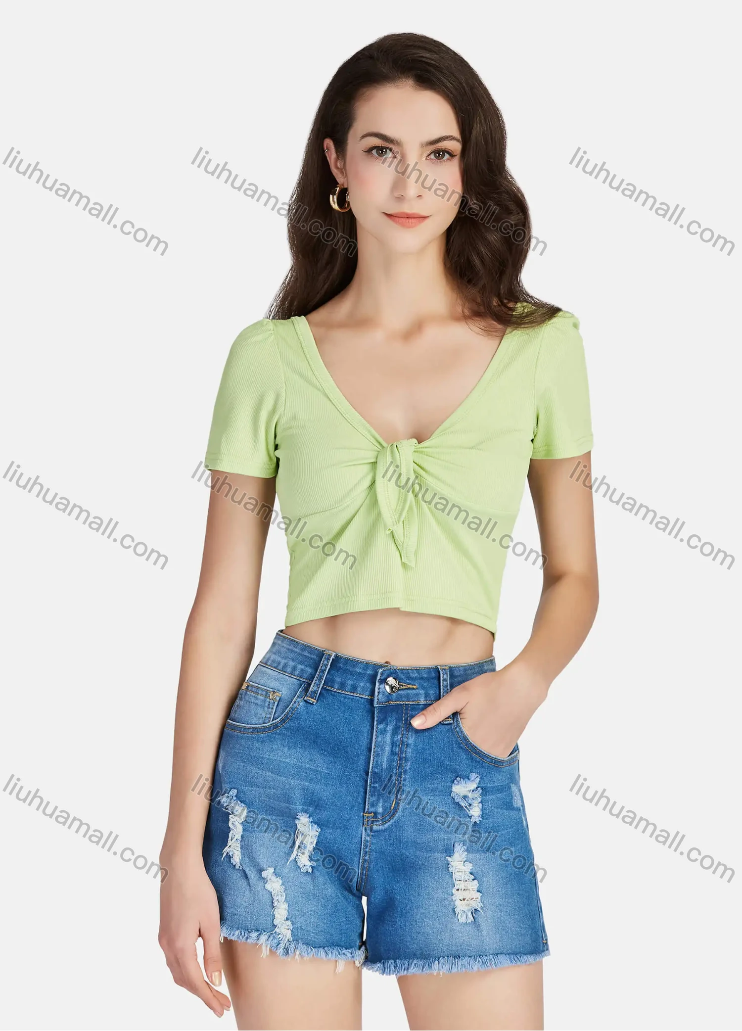 Wholesale Women's Plain Deep V Neck Twist Short Sleeve Crop Blouse 3104# - Liuhuamall