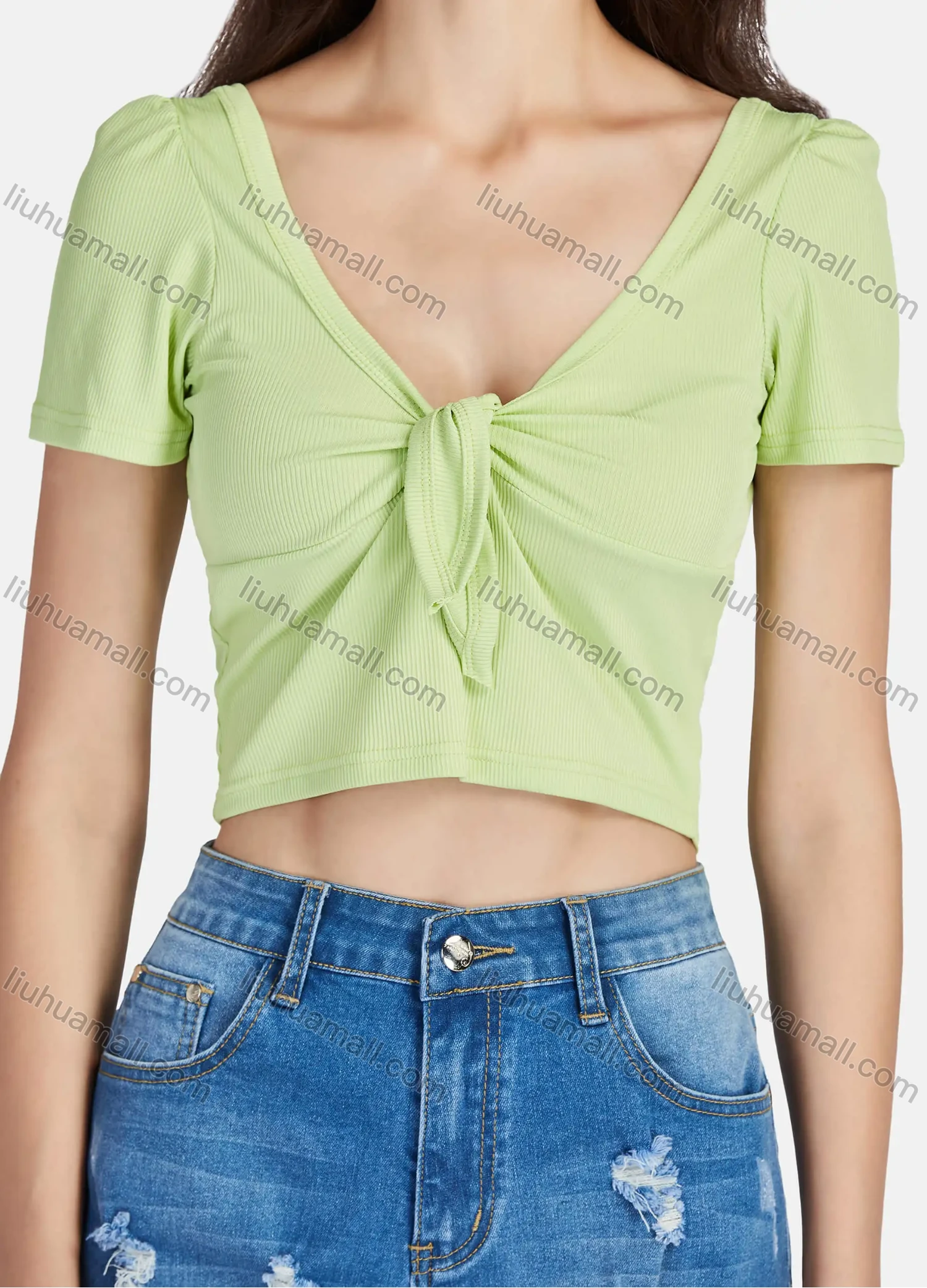 Wholesale Women's Plain Deep V Neck Twist Short Sleeve Crop Blouse 3104# - Liuhuamall