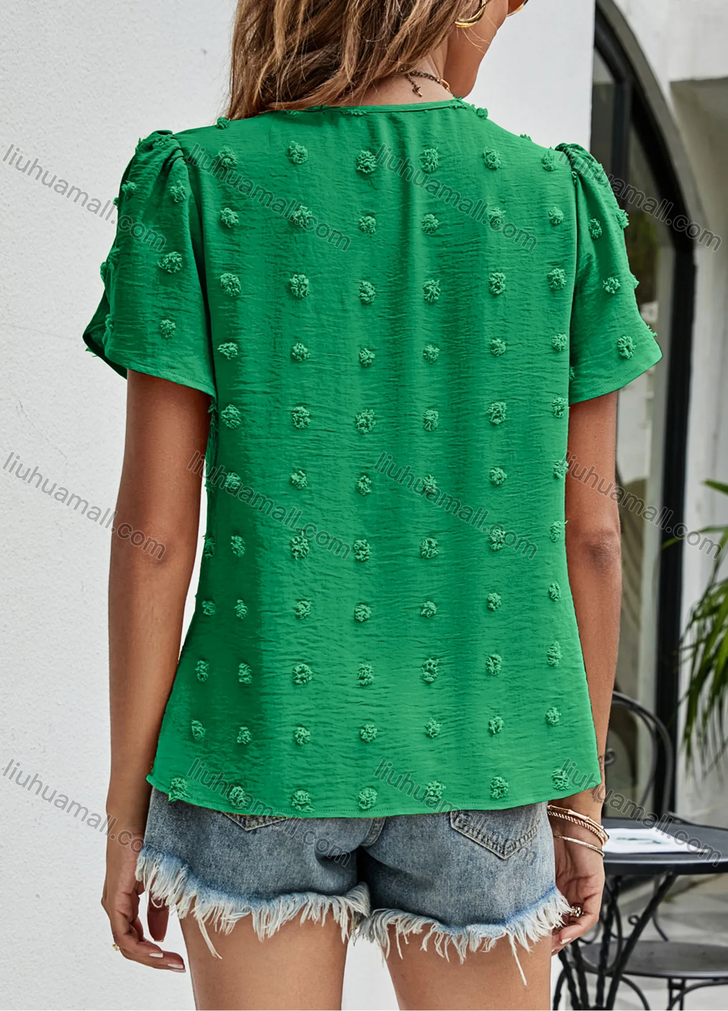 Wholesale Women's Casual Plain Swiss Dot Round Neck Short Sleeve Blouse 2340# - Liuhuamall